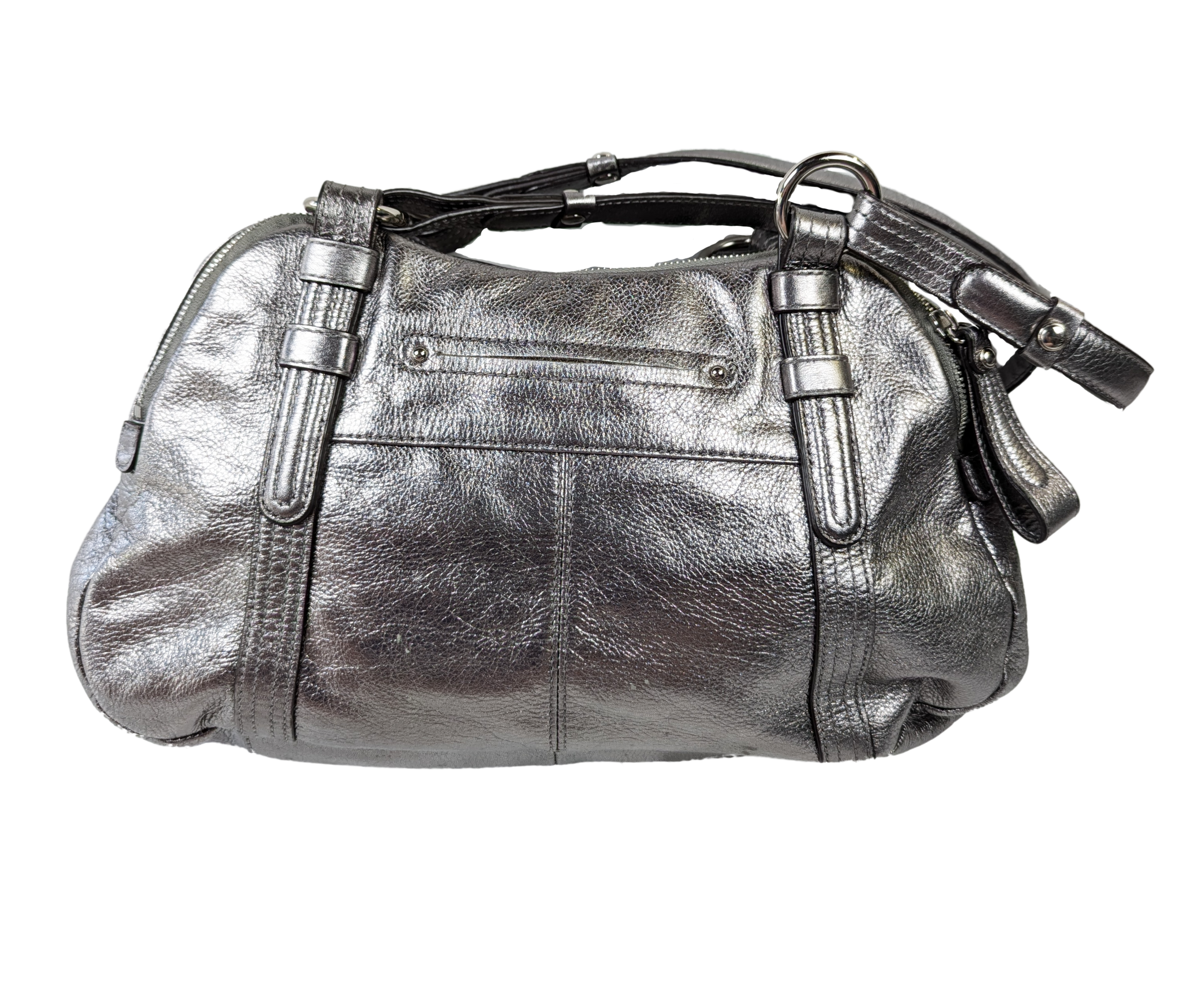 B. Makowsky Silver Leather Handbag with Animal Print Lining Unleash your wild side with the B. Makowsky Silver Leather Handbag! Featuring a playful animal print lini