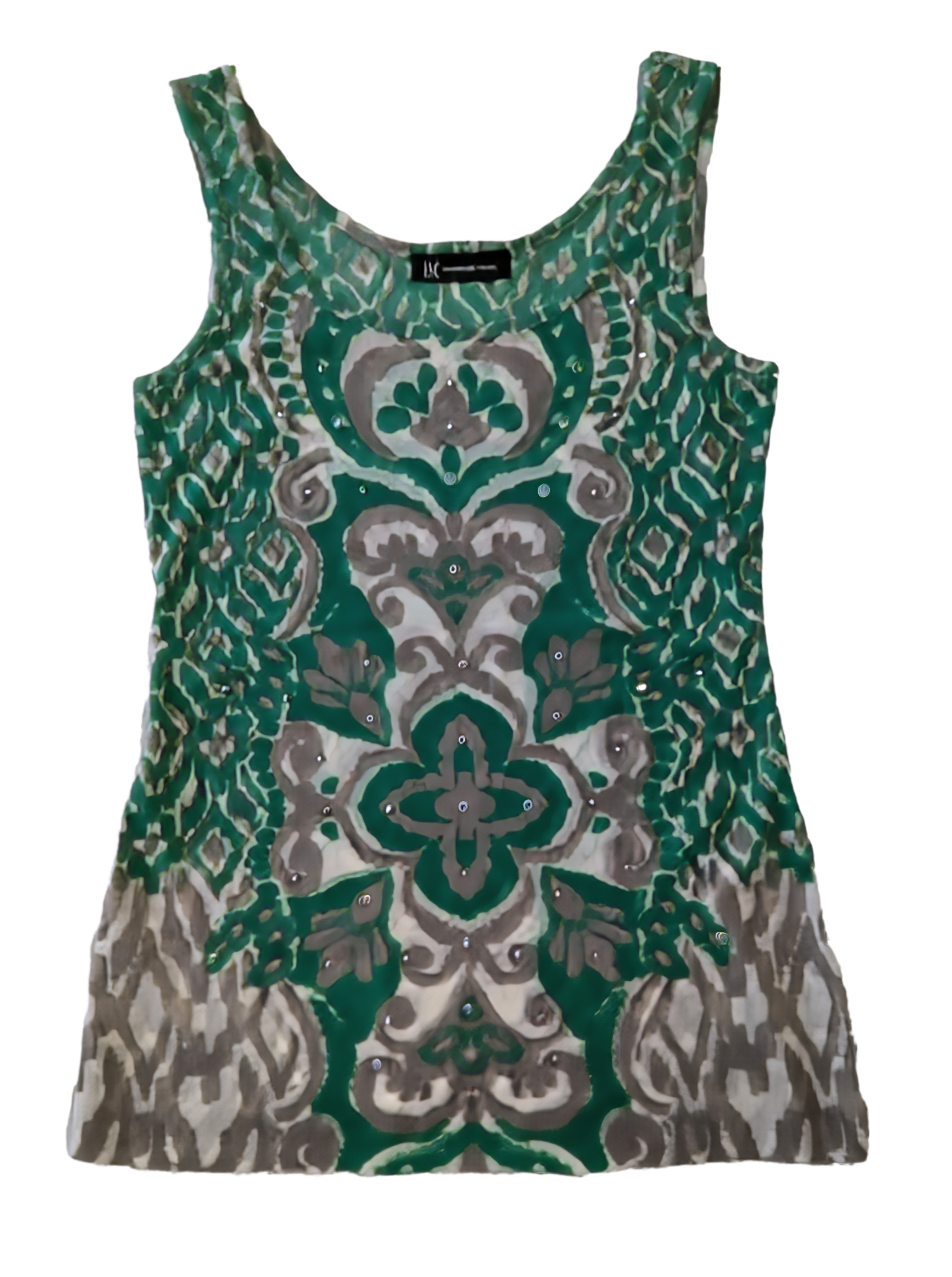 Inc Printed Mesh Tank Top with Silver metallic details Beat the heat with this Inc Printed Mesh Tank Top! Its airy mesh material will keep you cool while the green p