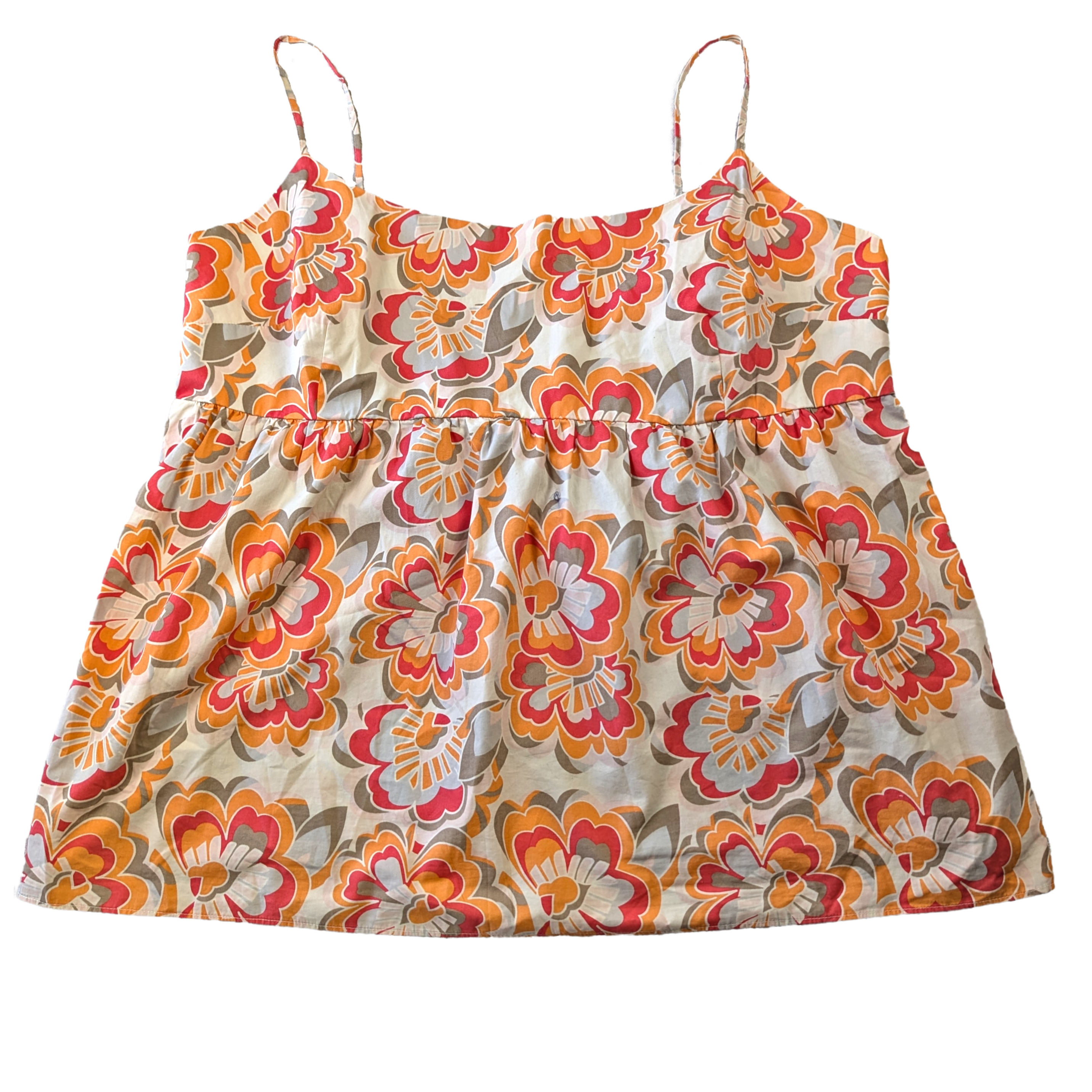 Gap Strappy Babydoll Style Top with Retro Floral Print and Smocked BacAdd a touch of retro charm to your wardrobe with this playful Gap Strappy Babydoll Style Top fe