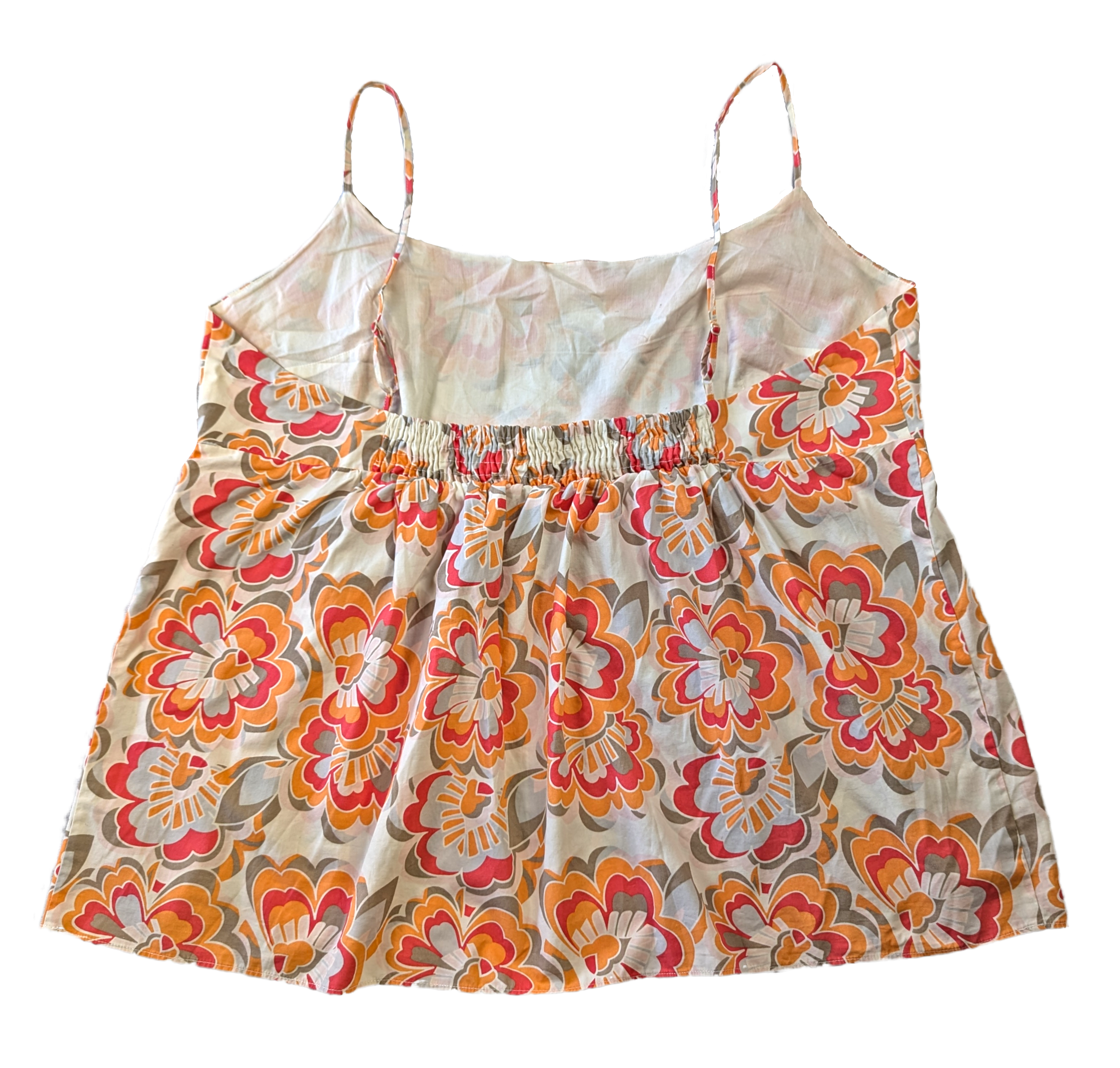 Gap Strappy Babydoll Style Top with Retro Floral Print and Smocked BacAdd a touch of retro charm to your wardrobe with this playful Gap Strappy Babydoll Style Top fe