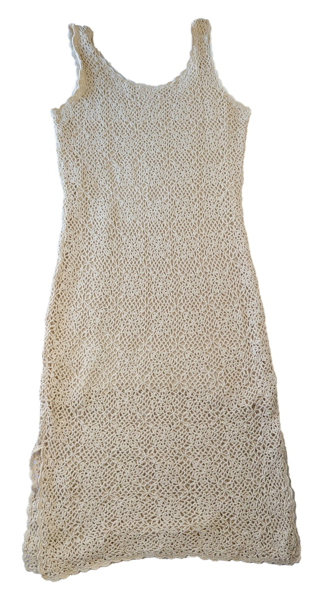 Newport News Beige Crochet Tank Midi Dress Lined Bohemian Size 1X Go back in time to the 90's with this playful beige crochet dress by Newport News. Fully lined with 