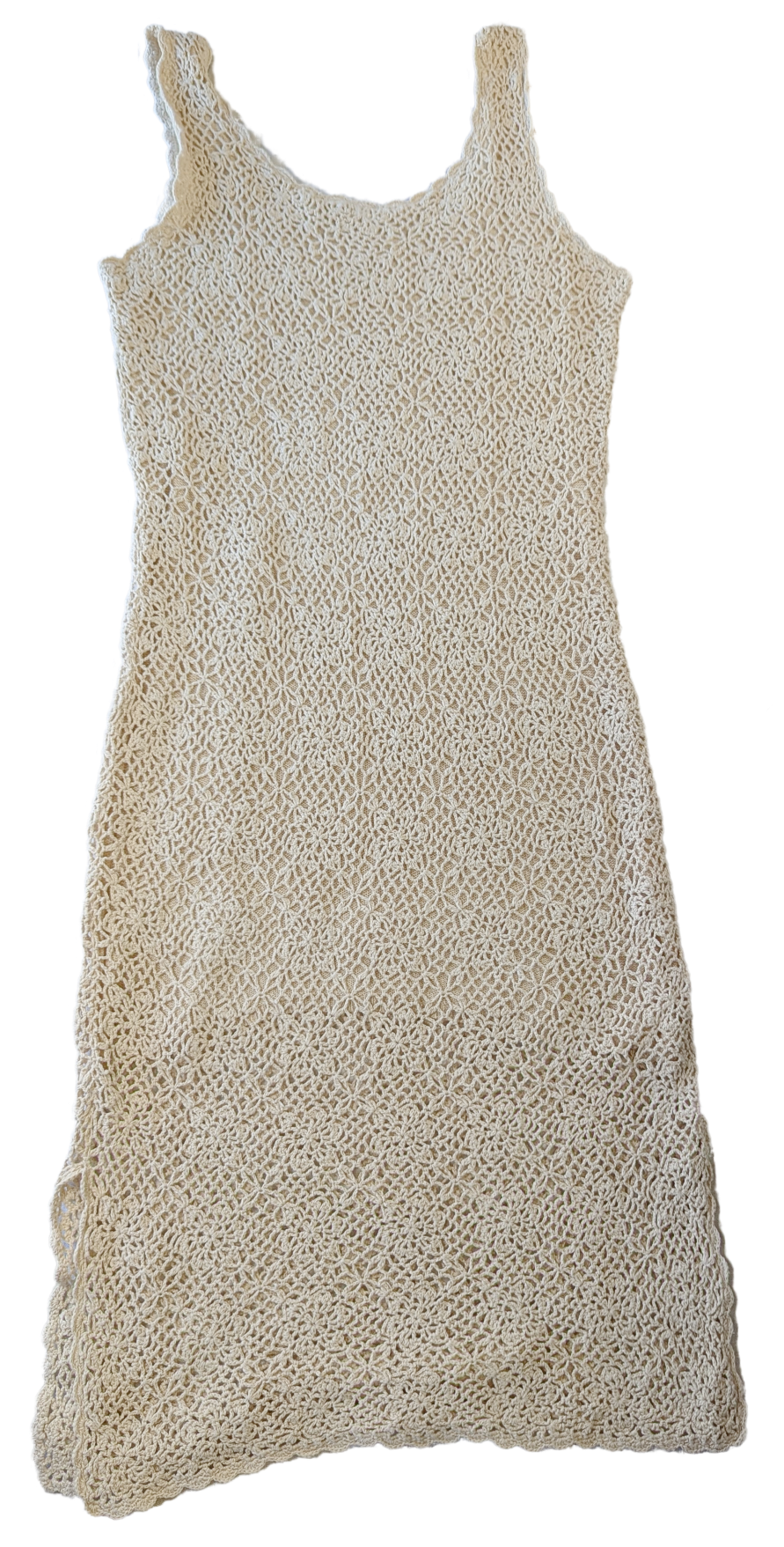 Newport News Beige Crochet Tank Midi Dress Lined Bohemian Size 1X Go back in time to the 90's with this playful beige crochet dress by Newport News. Fully lined with 