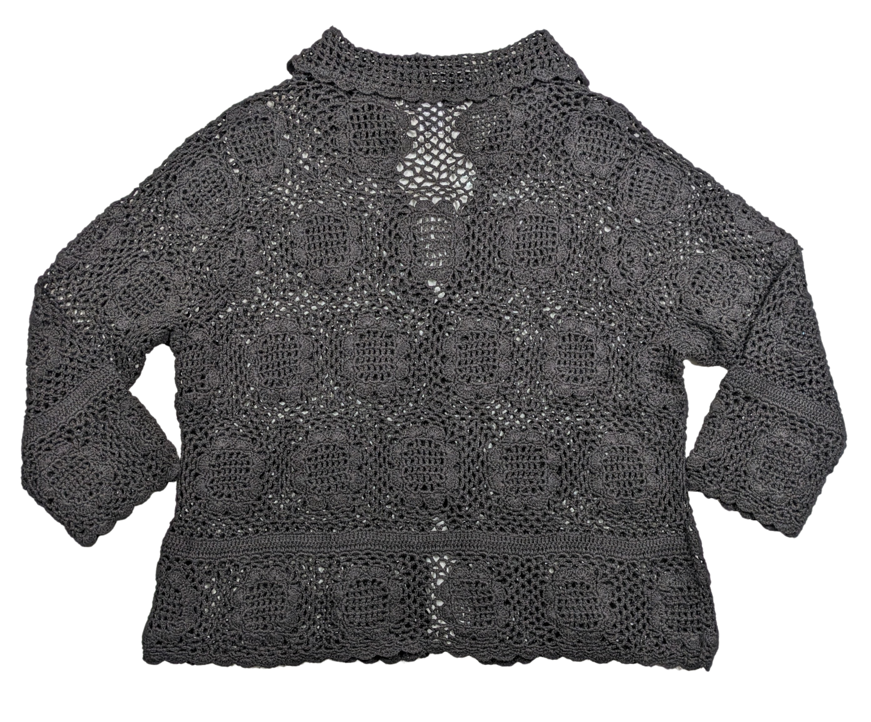 Vintage Newport News Black Crochet Cardigan Sweater 3/4 Sleeve Size 1X - 0