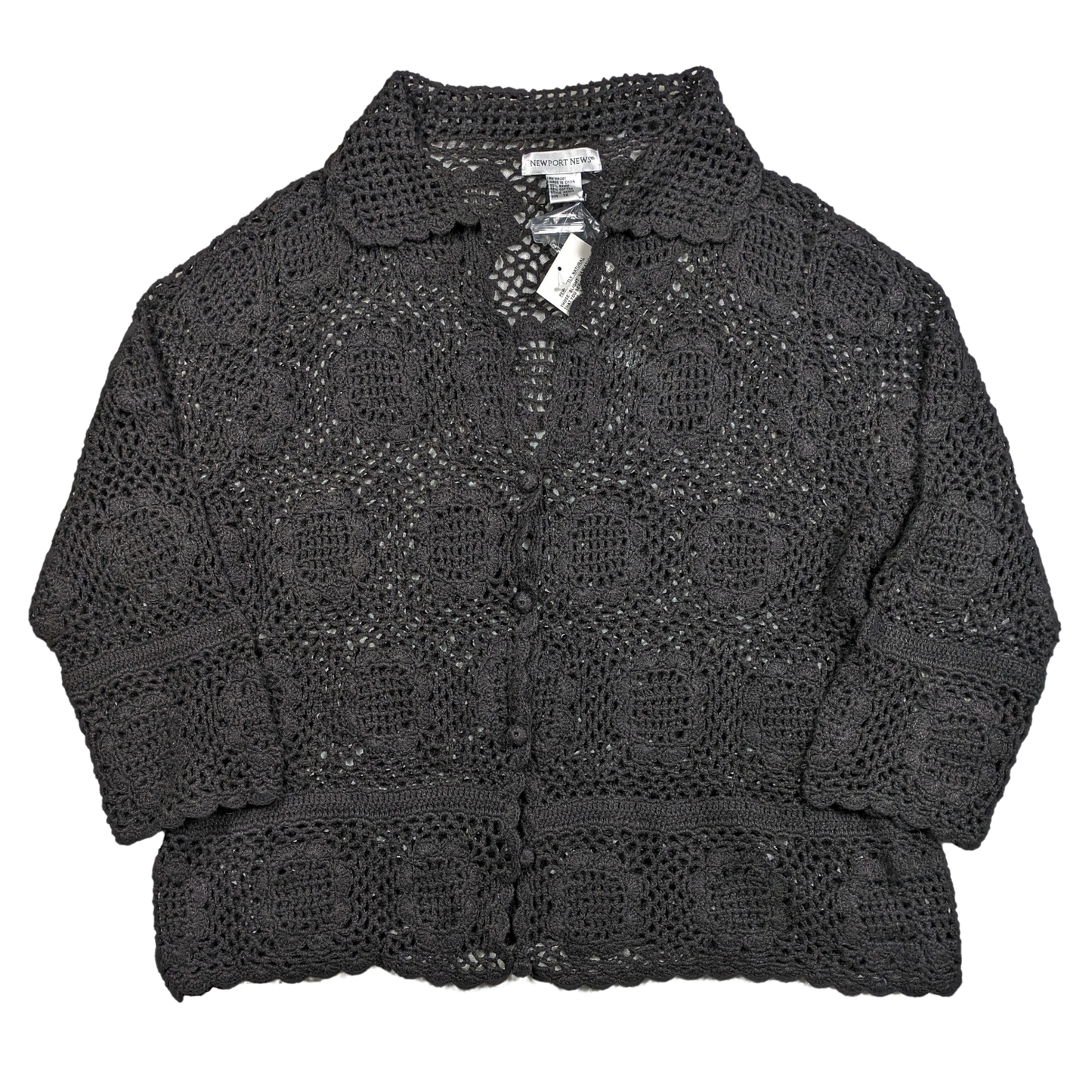 Vintage Newport News Black Crochet Cardigan Sweater 3/4 Sleeve Size 1XLook effortlessly stylish with this Vintage Newport News Black Crochet Cardigan Sweater.  