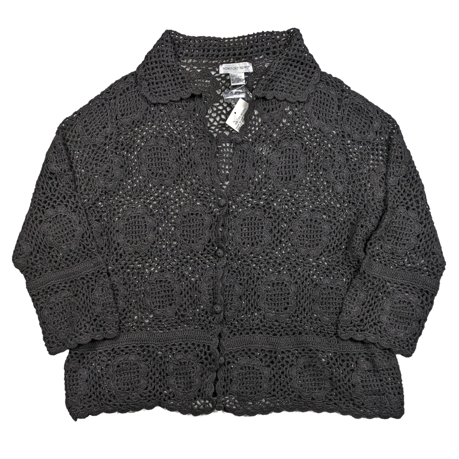 Vintage Newport News Black Crochet Cardigan Sweater 3/4 Sleeve Size 1XLook effortlessly stylish with this Vintage Newport News Black Crochet Cardigan Sweater.  