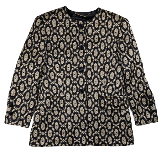 Vintage Escada Black and Gold Geometric Design Blazer Size 40 Discover timeless elegance with our Vintage Escada Black and Gold Geometric Design Blazer. Crafted with