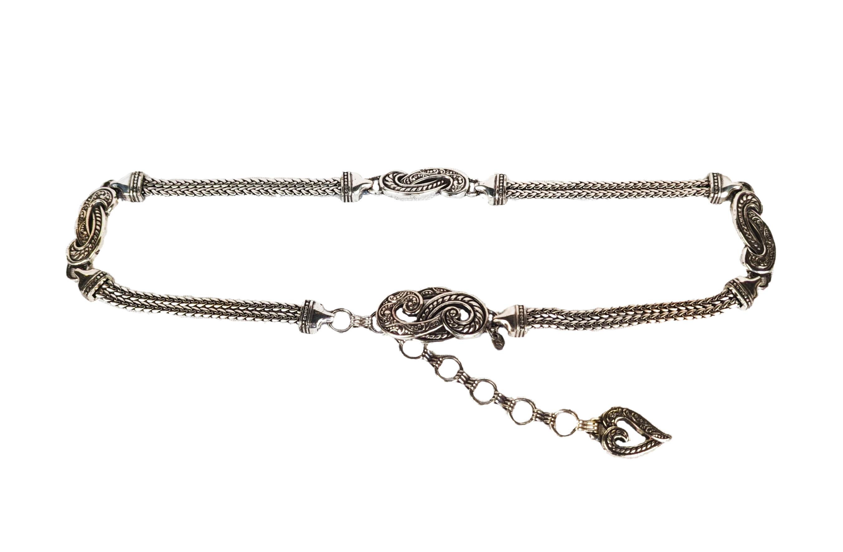 Brighton Bali Hai Silver-tone Chain Belt features two substantial chains with intermittent flourishes and connectors, the same design on the buckle, and the signaturbeltBrighton Bali Hai Silver-tone Chain BeltBrighton Bali Hai Silver-tone Chain Belt