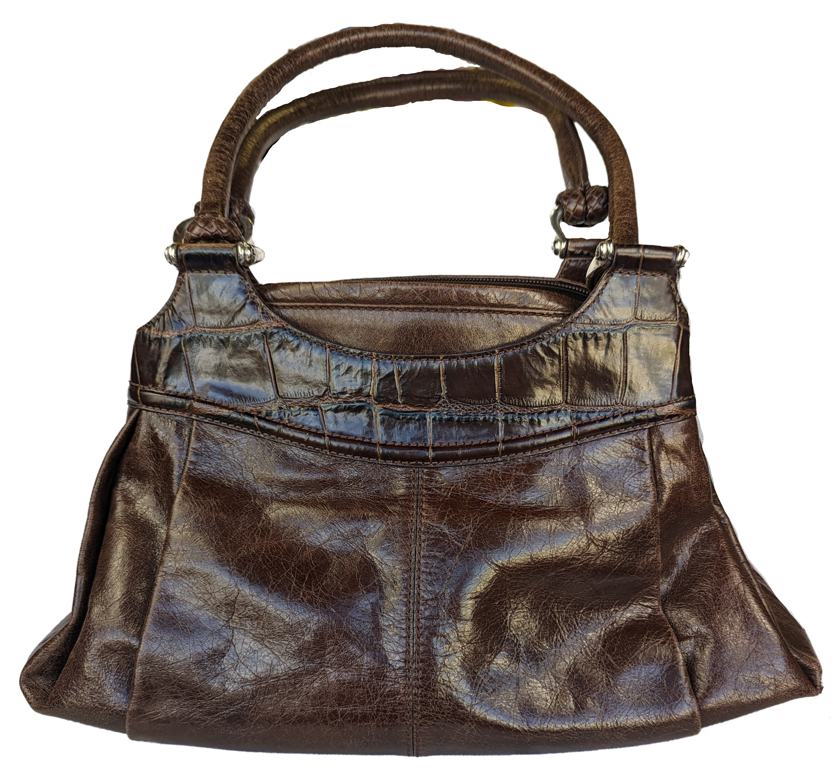 BrightonIn excellent pre-owned condition, Brighton Katarina Shoulder Bag in Brown Leather with glazed crocodile texture accents,  Braided Dual Handles and Silvertone HardwarHandbagBrighton Katrina Brown Leather Shoulder Bag - EUCBrighton Katrina Brown Leather Shoulder Bag - EUC