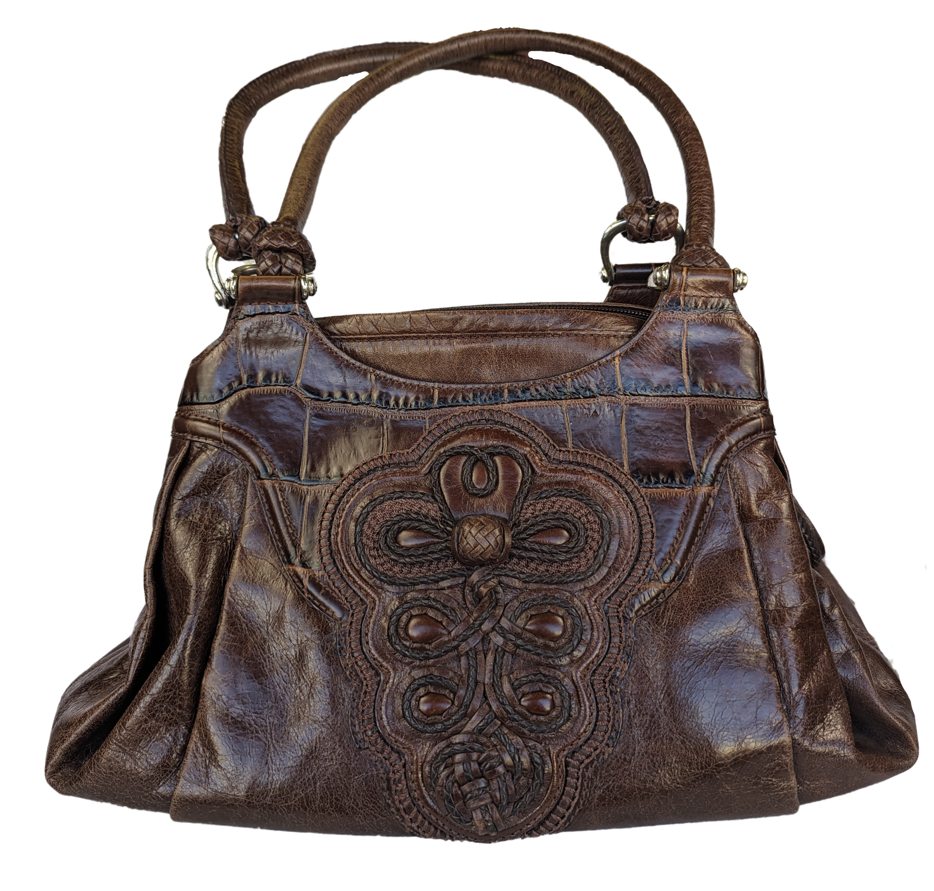 BrightonIn excellent pre-owned condition, Brighton Katarina Shoulder Bag in Brown Leather with glazed crocodile texture accents,  Braided Dual Handles and Silvertone HardwarHandbagBrighton Katrina Brown Leather Shoulder Bag - EUCBrighton Katrina Brown Leather Shoulder Bag - EUC