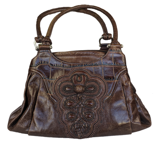 BrightonIn excellent pre-owned condition, Brighton Katarina Shoulder Bag in Brown Leather with glazed crocodile texture accents,  Braided Dual Handles and Silvertone HardwarHandbagBrighton Katrina Brown Leather Shoulder Bag - EUCBrighton Katrina Brown Leather Shoulder Bag - EUC