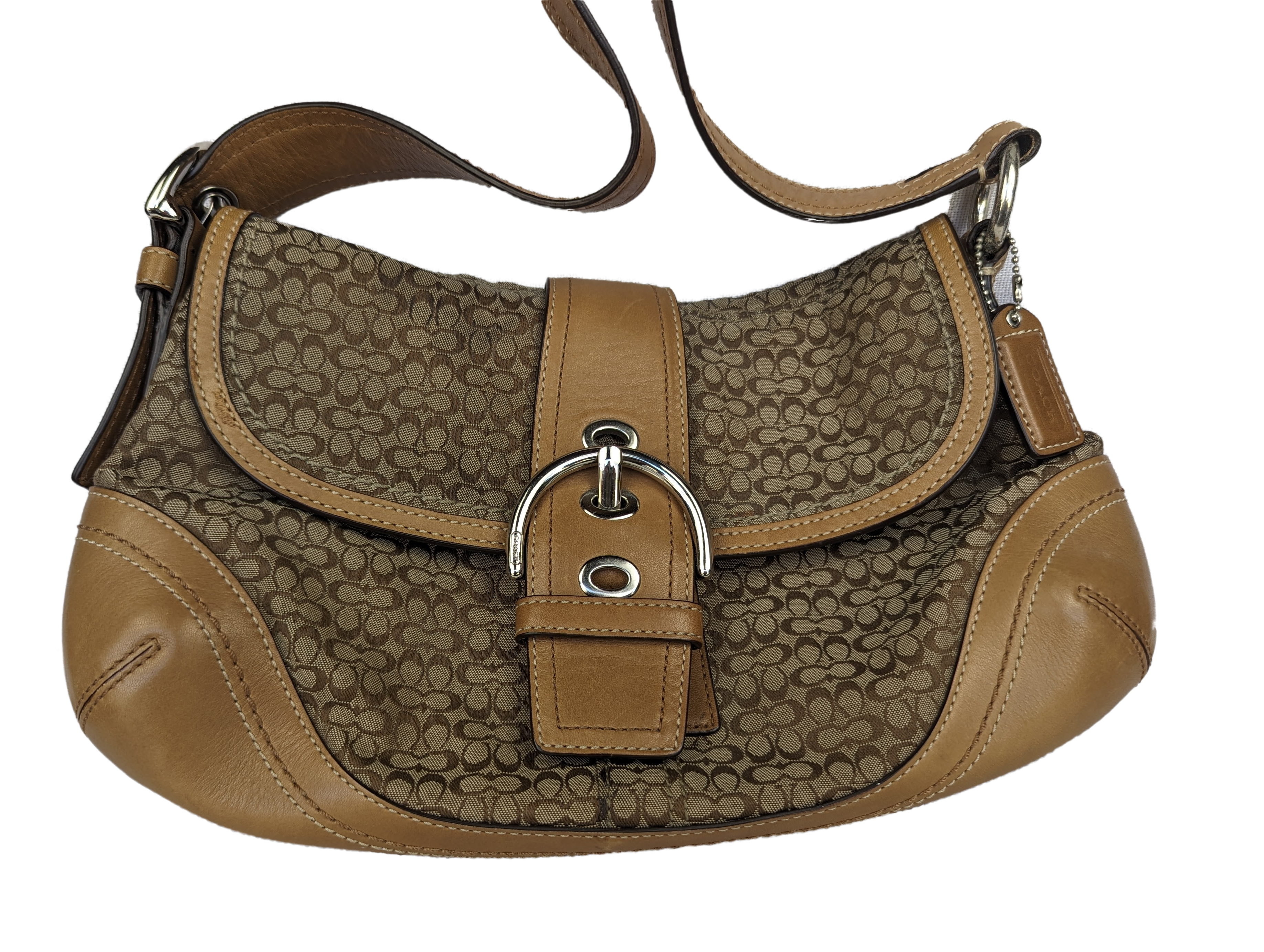 Coach Tan Signature Soho Satchel Buckle Flap Shoulder bag.  Minor wear on leather, Measurements: Handle/strap drop: about 8"  Outside: Front flap buckle magnetic snap closure, silver hardware, hang Purse, handbagCoach Tan Signature Soho Satchel Buckle Flap Should bagCoach Tan Signature Soho Satchel Buckle Flap