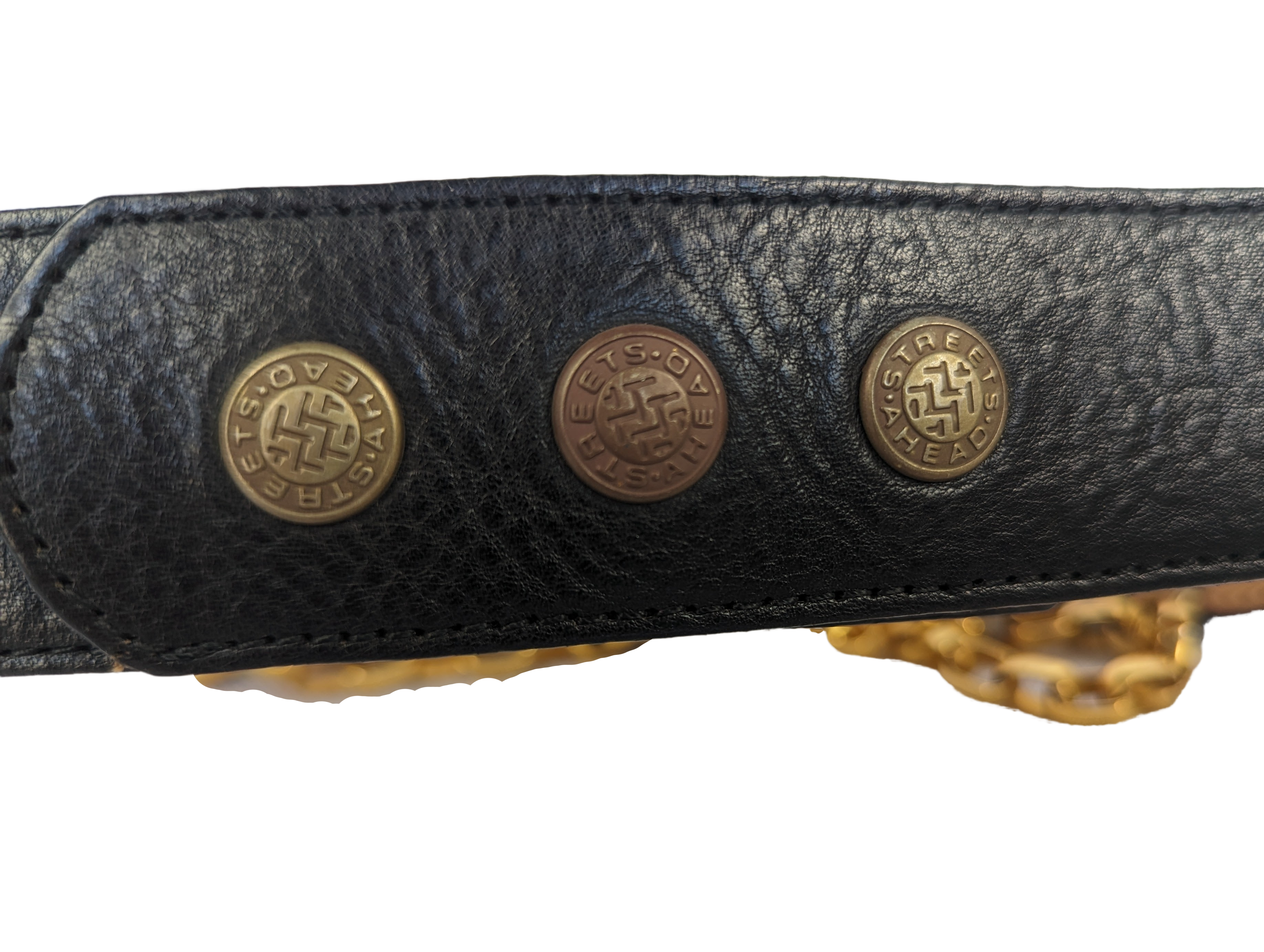 Streets AheadRevitalize your wardrobe with the Vintage Streets Ahead Statement Belt. Made from black leather with gold details and rhinestone accents, this belt adds a touch of gbeltVintage Streets Ahead Statement BeltVintage Streets Ahead Statement Belt