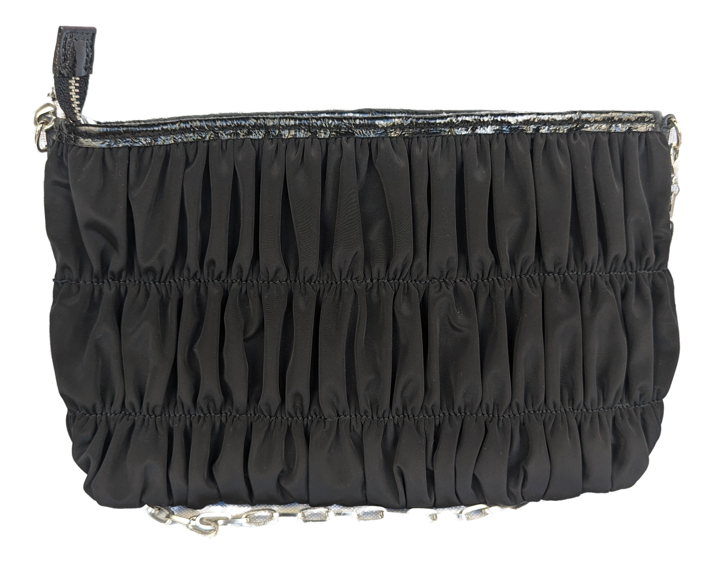 Brighton Black Ruched Nylon Evening Bag with heavy, silver rose detail adorning the front! This is a perfect evening bag to fit all your essentials. It has extra room for lipstPurse, handbagBrighton Black Ruched Nylon Evening BagBrighton Black Ruched Nylon Evening Bag