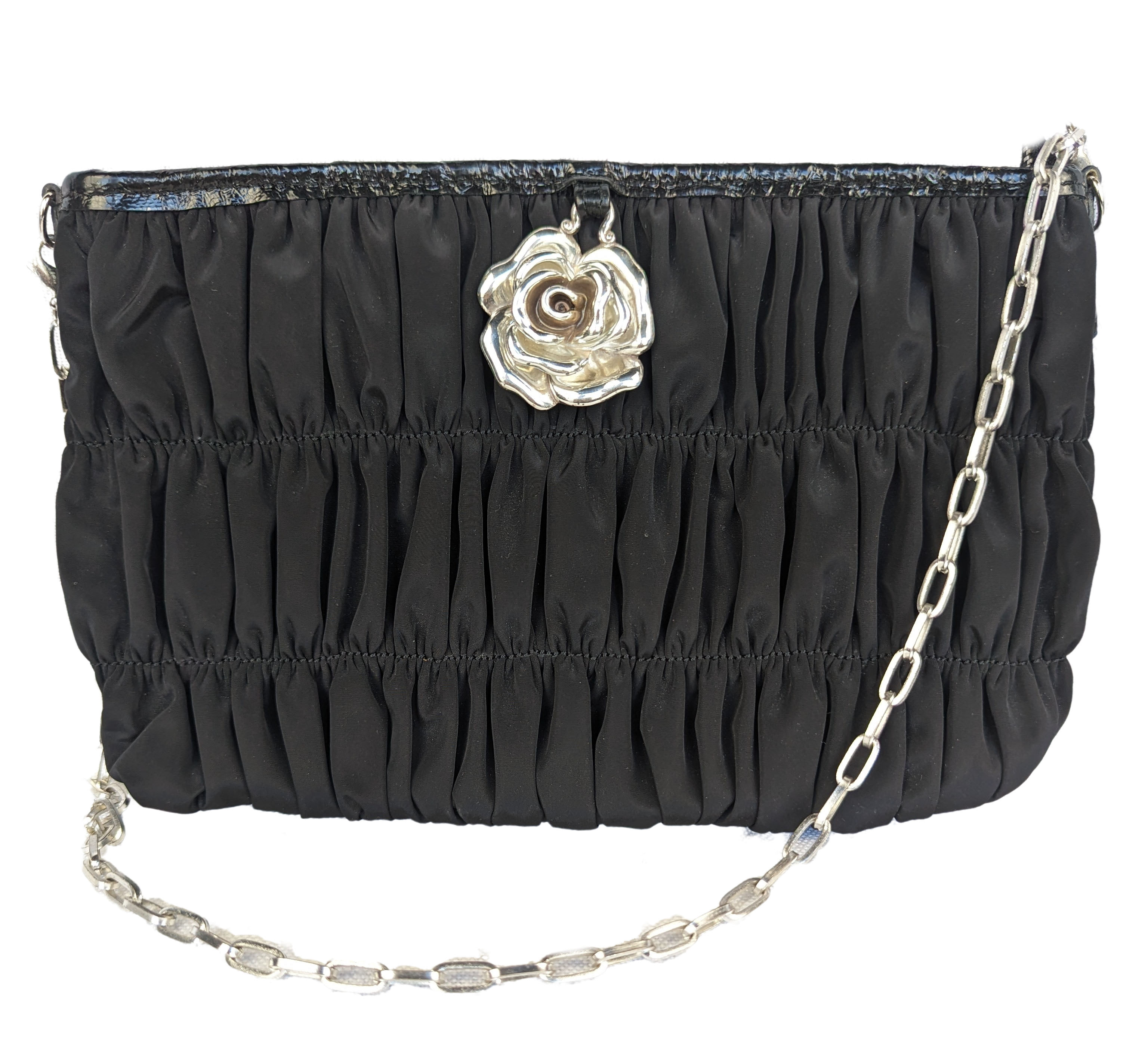 Brighton Black Ruched Nylon Evening Bag with heavy, silver rose detail