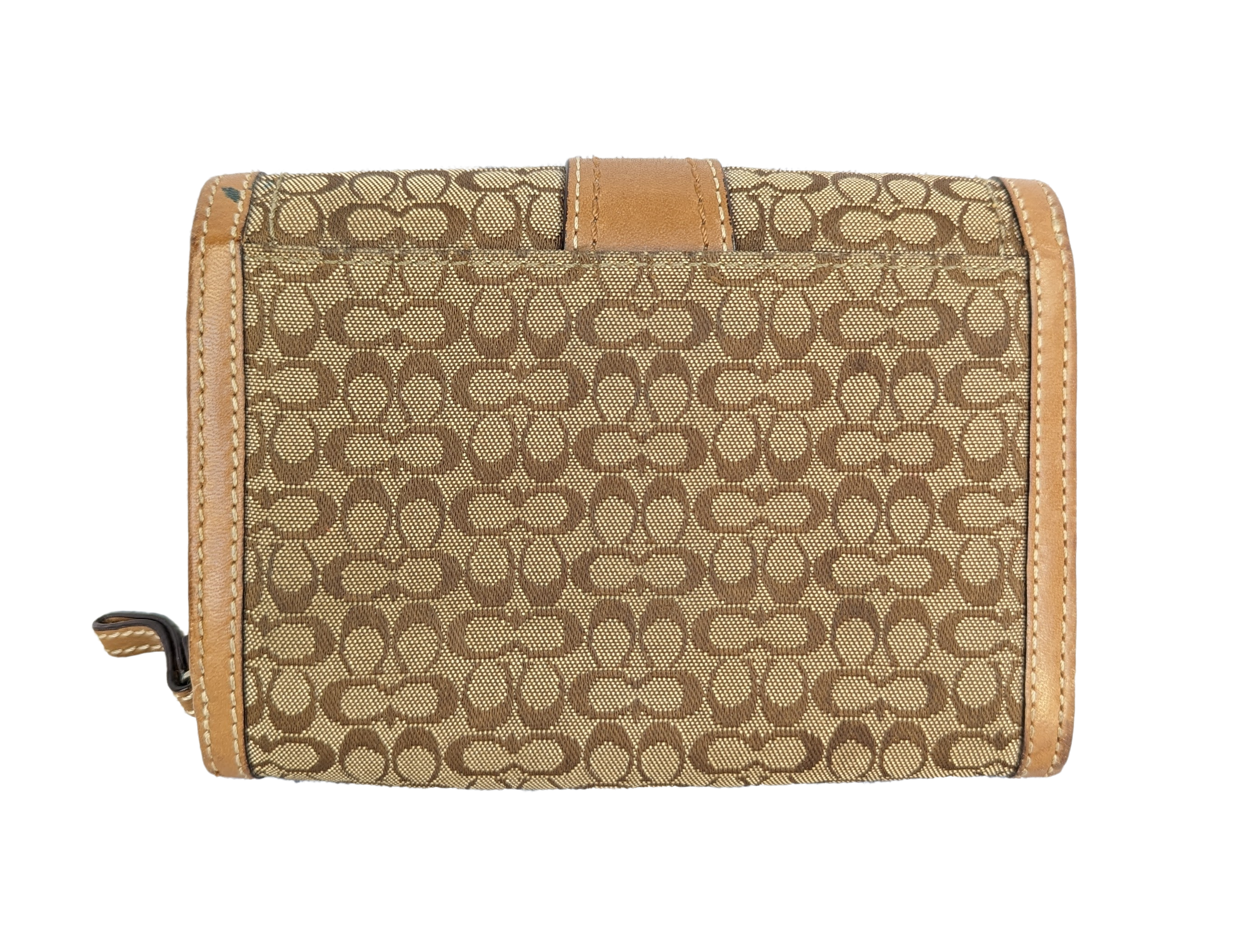 CoachCoach wallet with snap closures, buckle design. 6 card slots, 2 additional pockets and cash pocket. Also has another compartment for coins, receipts, etc. Some lightWalletCoach Signature Tan WalletCoach Signature Tan Wallet