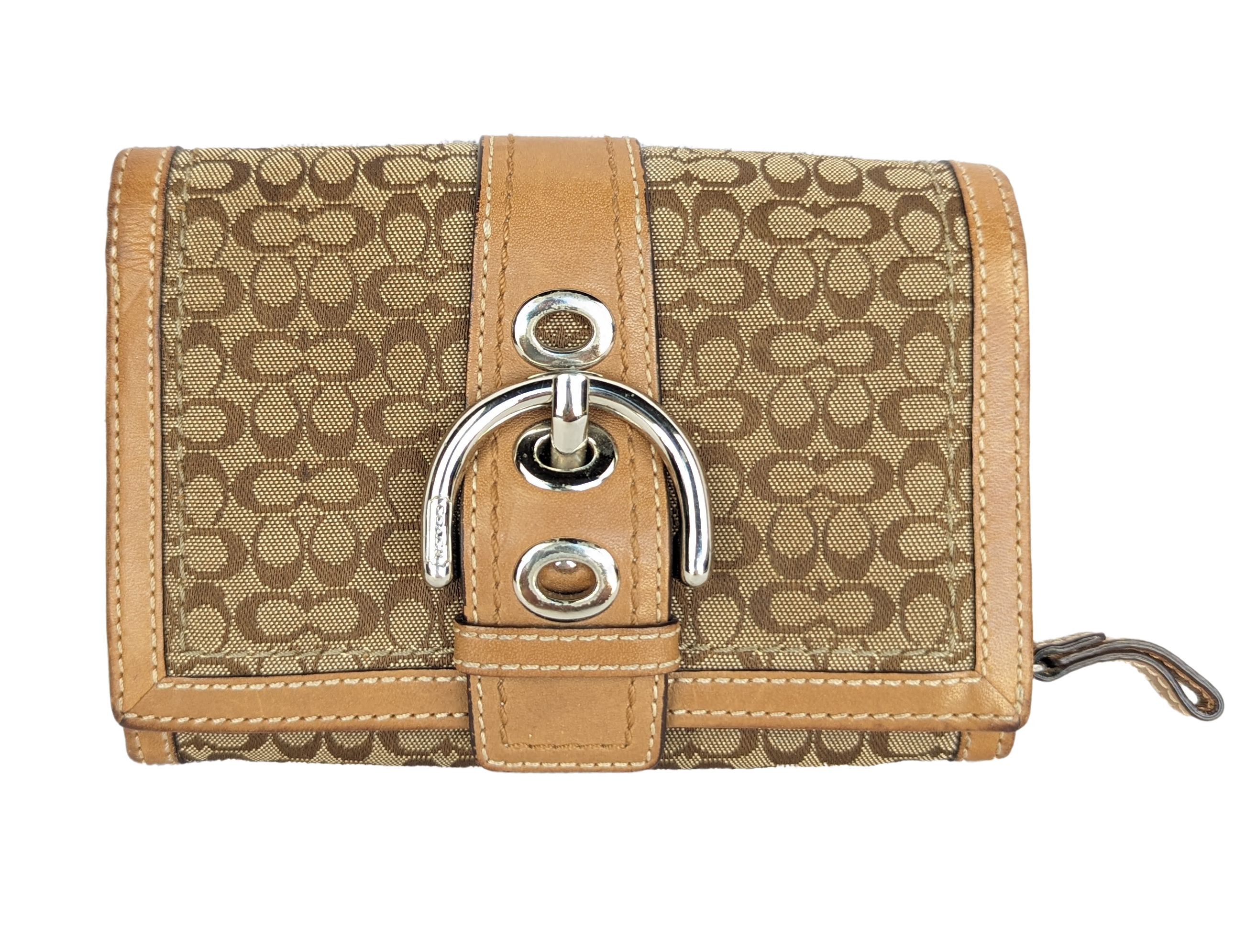 CoachCoach wallet with snap closures, buckle design. 6 card slots, 2 additional pockets and cash pocket. Also has another compartment for coins, receipts, etc. Some lightWalletCoach Signature Tan WalletCoach Signature Tan Wallet