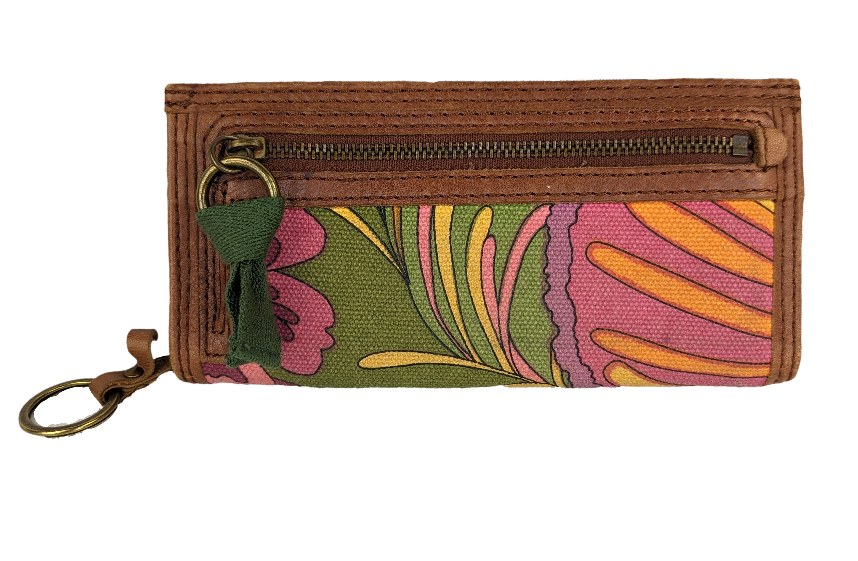 Lucky Brand Floral Canvas and leather wallet. One outer snap pocket, one outer zip pocket. Key ring zipper closure.  I.D. slot, middle pocket and several cardWalletLucky Brand Floral Canvas and Leather WalletLucky Brand Floral Canvas