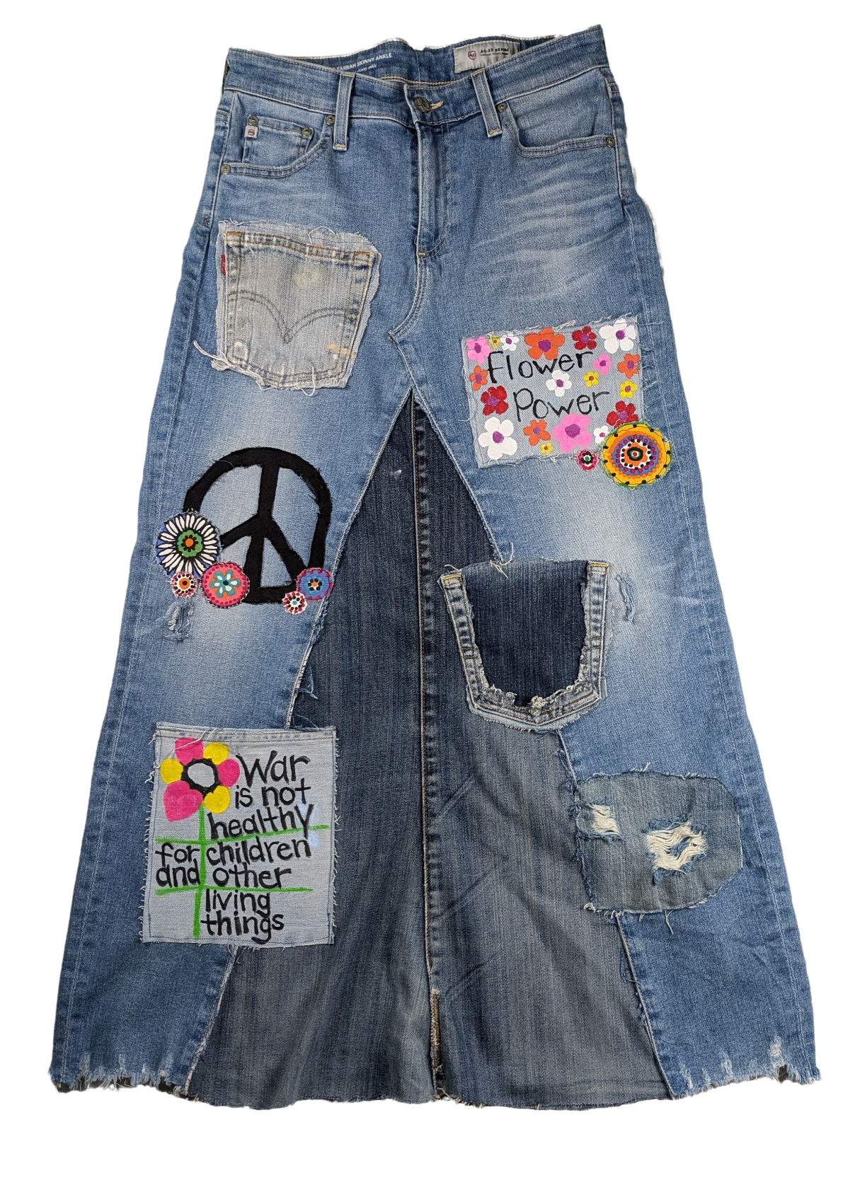 Refreshed - AG Jeans Upcycled Maxi Skirt Size 27 Bring your bohemian heart home and get this skirt!  A combination of AG jeans and other denim clothing, this skirt o