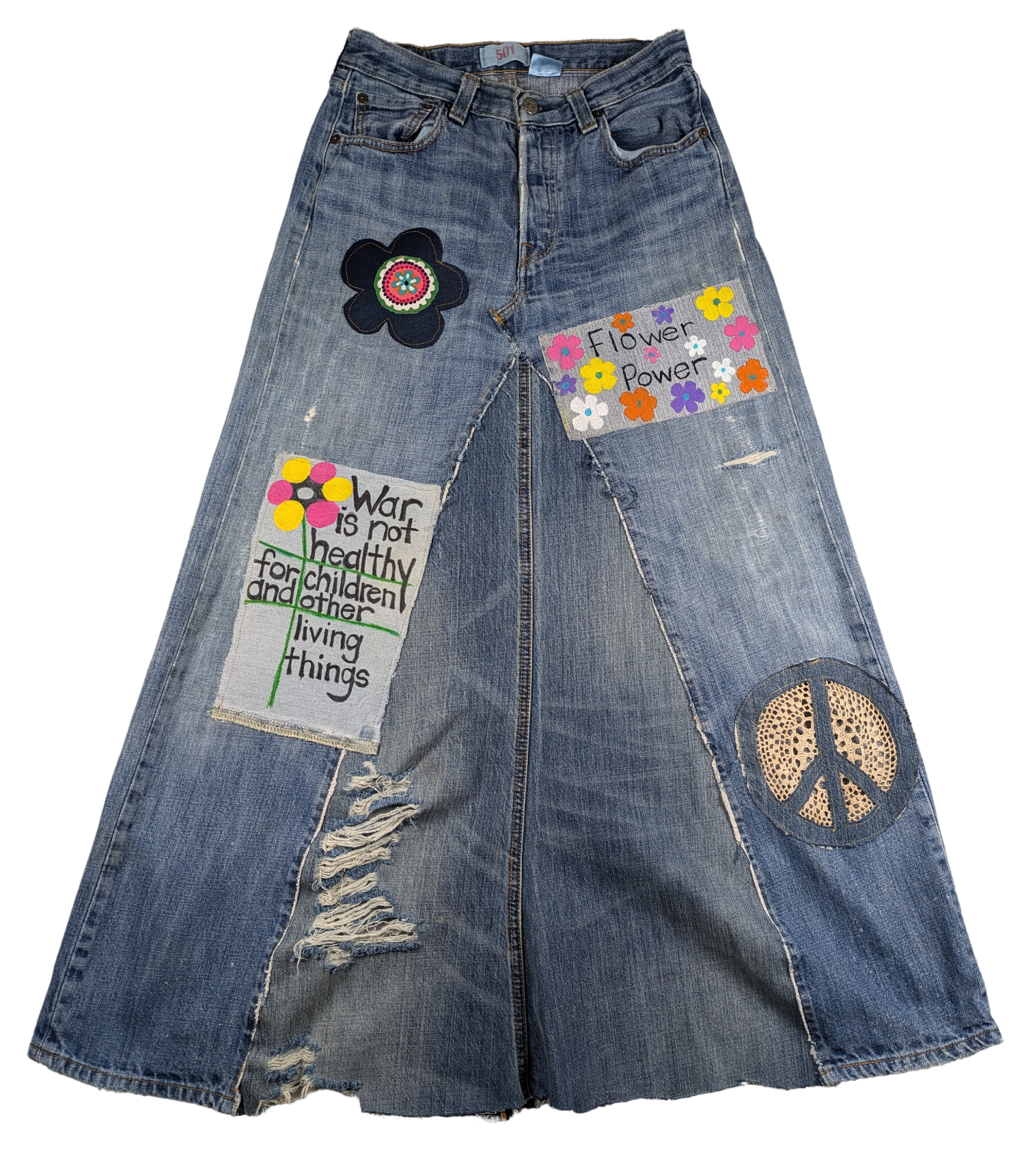 Refreshed - Levi's 501s Upcycled Denim Maxi Skirt Size 29 Embrace your inner-hippy and wear this statement-making upcycled maxi.  Vintage 501s, the original blue jea