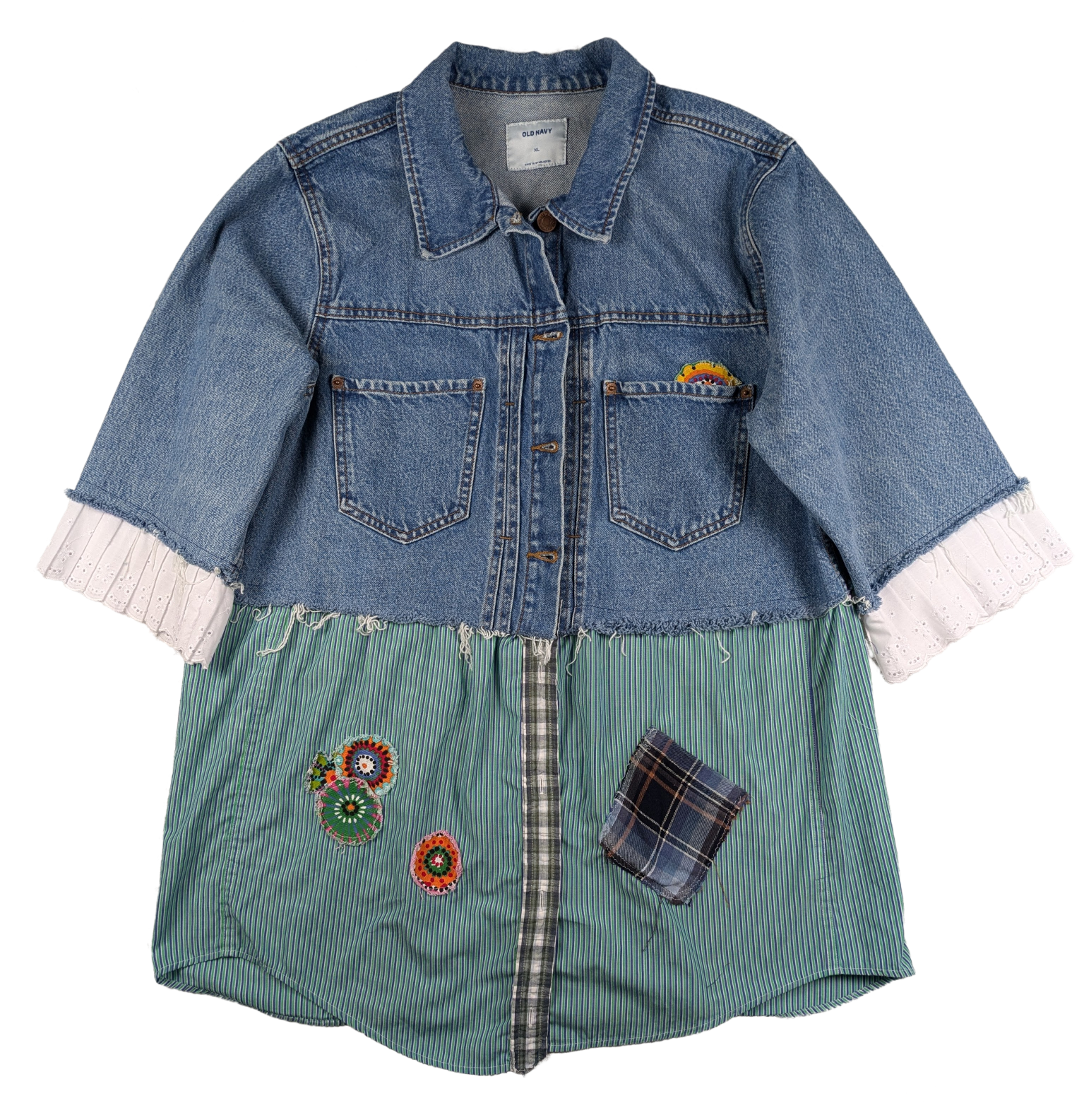 Refreshed - Gap Denim Jacket Upcycled Size XL Menswear and Denim combined in one Groovy look!  Crafted with Peace and Love in mind, you will make a statement when yo