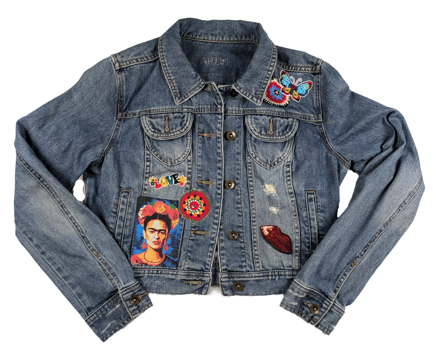 Refreshed - Apt. 9 Upcycled Denim Jacket Size M Frida Kahlo was an amazing woman, and this jacket shows her off!  Along with floral embellishments, her portrait crea