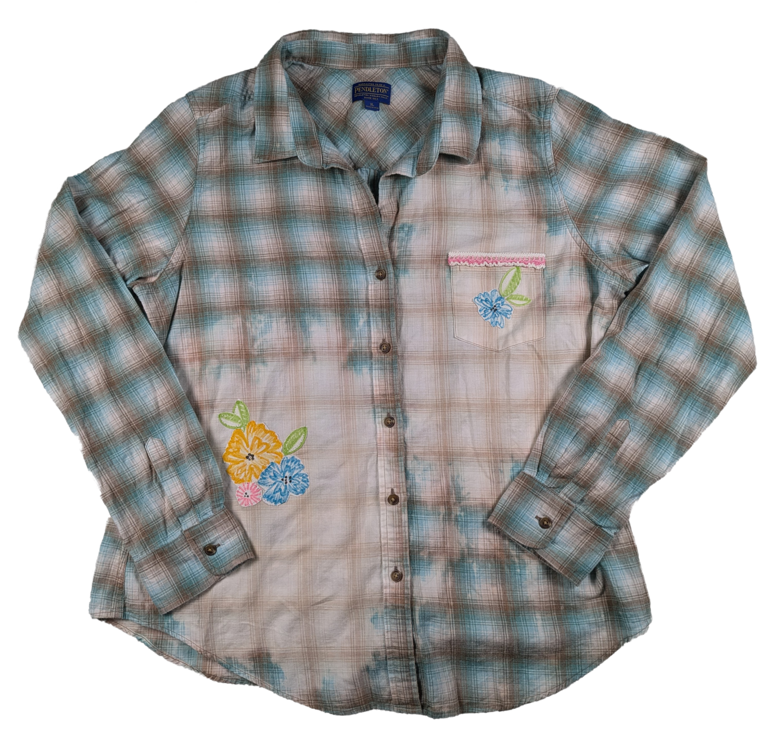 Refreshed - Pendleton Upcycled Flannel size XL So warm and cozy, Pendleton is known for their amazing flannels!  This one is also embellished with a statement of Chr