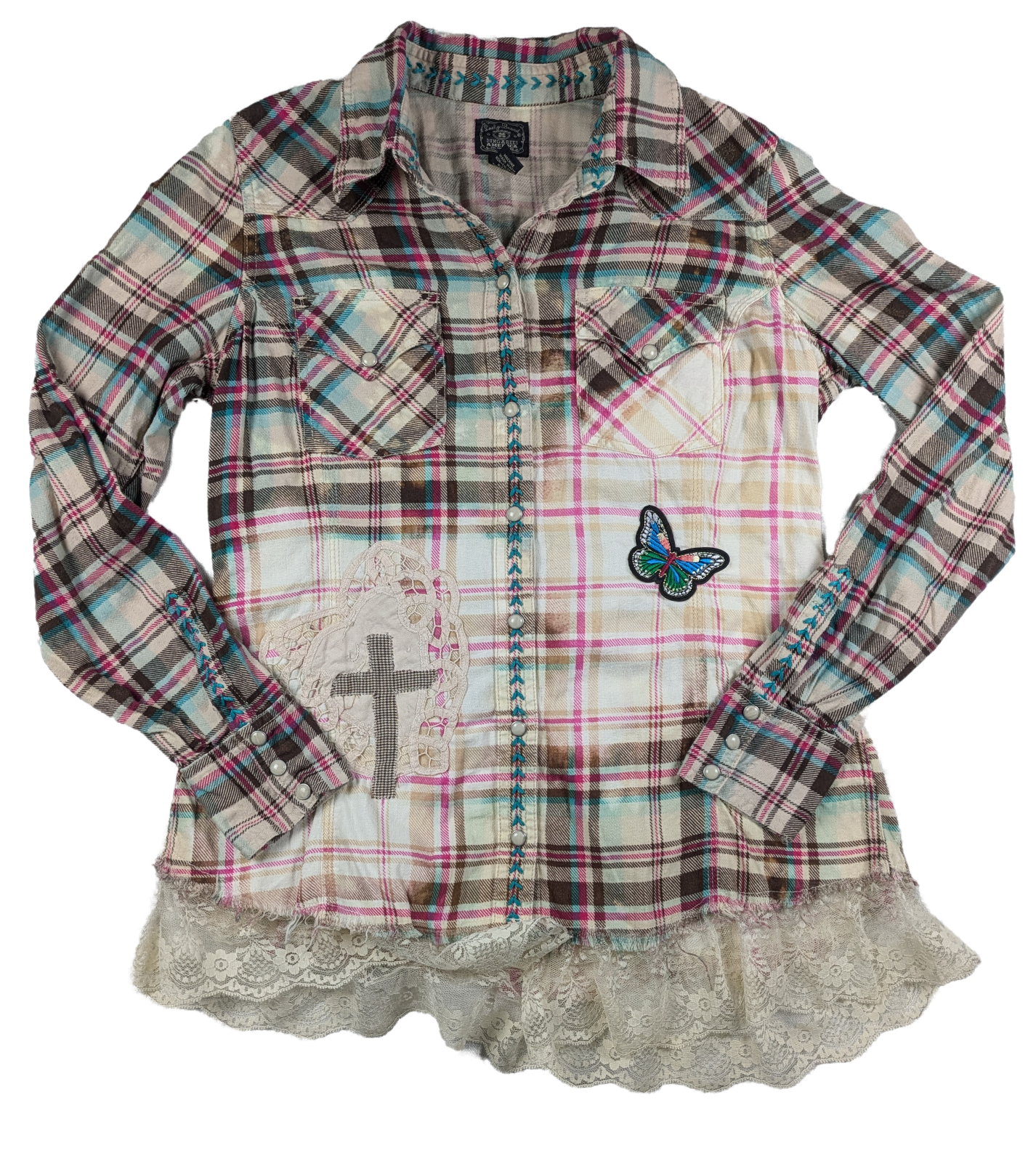 Refreshed - Lucky Brand Plaid Upcycled Flannel Size Medium This warm and soft flannel makes a statement of faith as well!  Cozy fabric and cute Christian embellishme