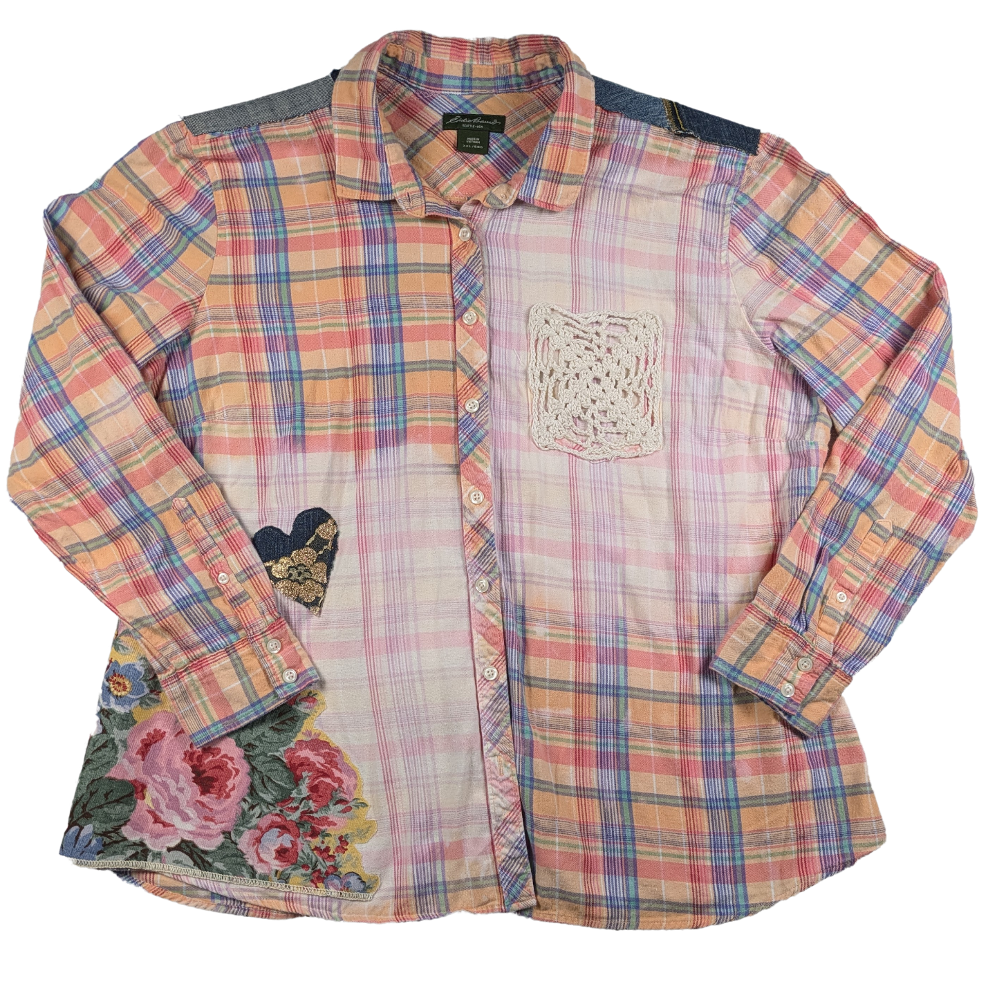 Refreshed - Upcycled Eddie Bauer Plaid Flannel Size XX Warm and comfy, this flannel is stylish, too!  Lovely floral embellishments and lace hearts adorn this shirt t