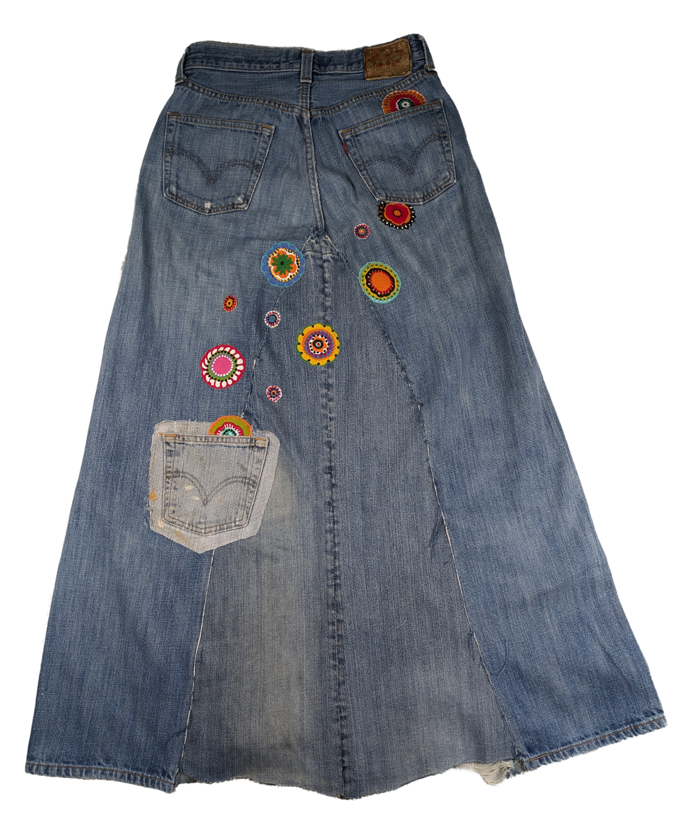 Refreshed - Levi's 501s Upcycled Denim Maxi Skirt Size 29 Embrace your inner-hippy and wear this statement-making upcycled maxi.  Vintage 501s, the original blue jea