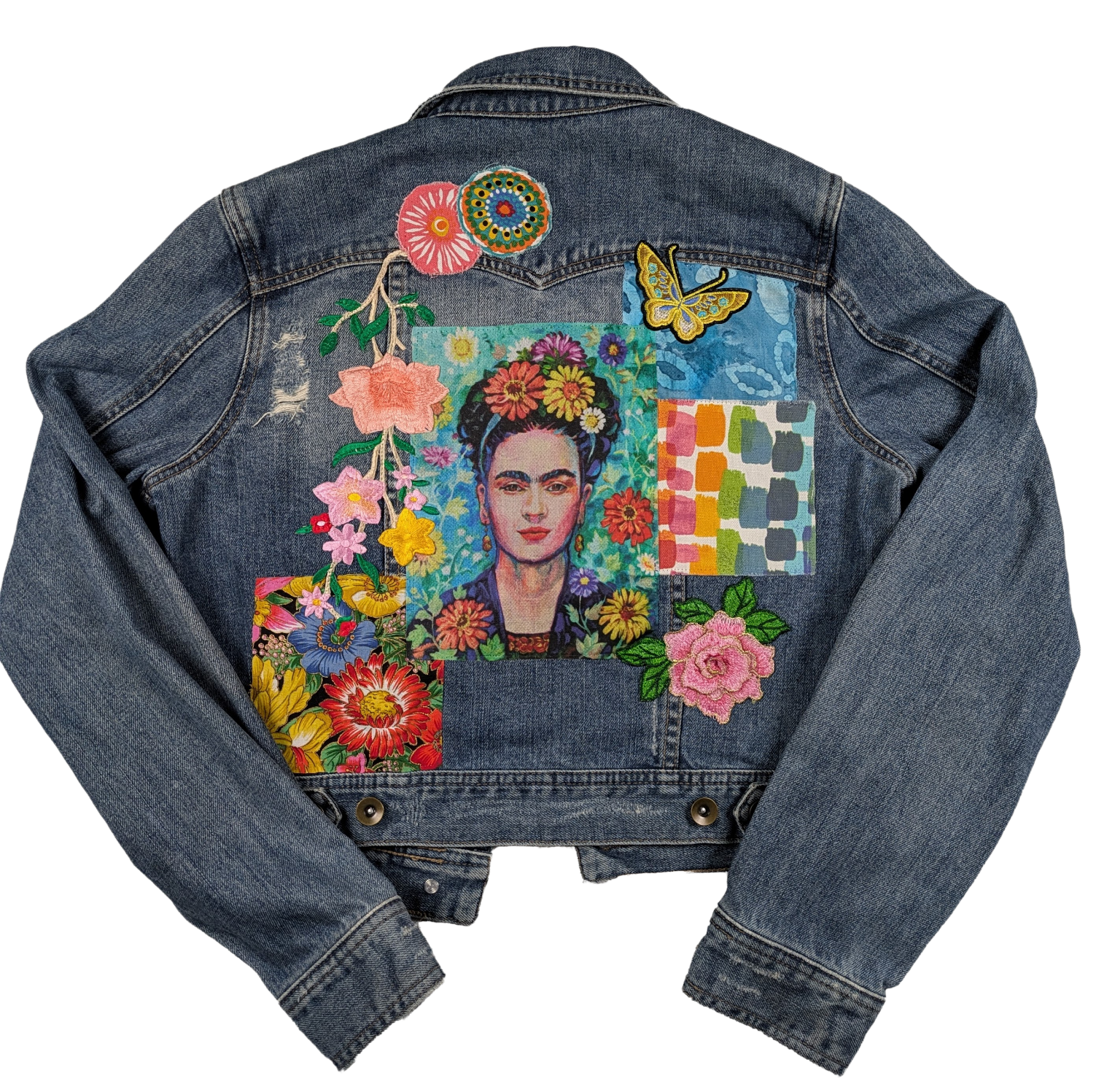 Refreshed - Apt. 9 Upcycled Denim Jacket Size M Frida Kahlo was an amazing woman, and this jacket shows her off!  Along with floral embellishments, her portrait crea