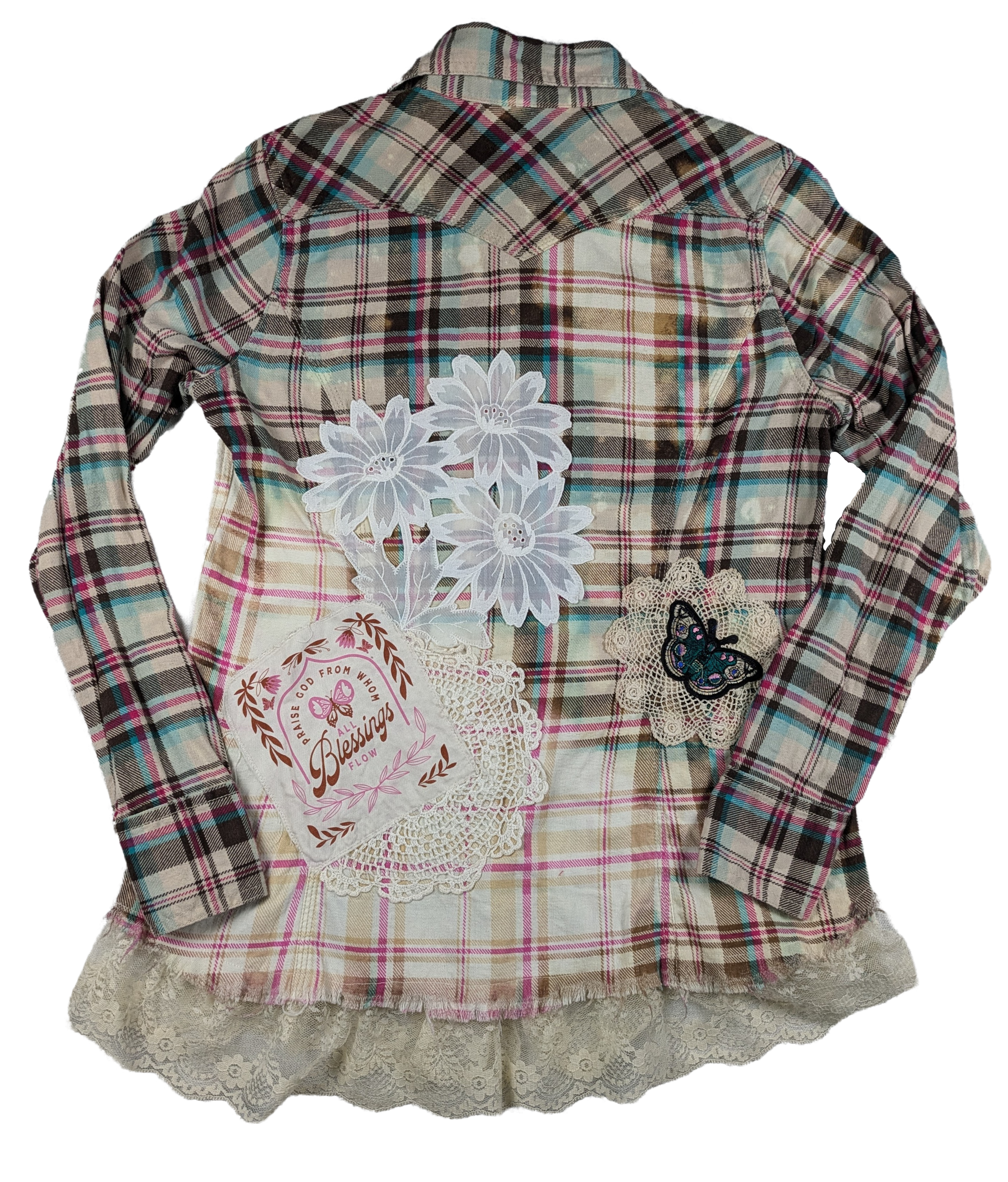 Refreshed - Lucky Brand Plaid Upcycled Flannel Size Medium This warm and soft flannel makes a statement of faith as well!  Cozy fabric and cute Christian embellishme