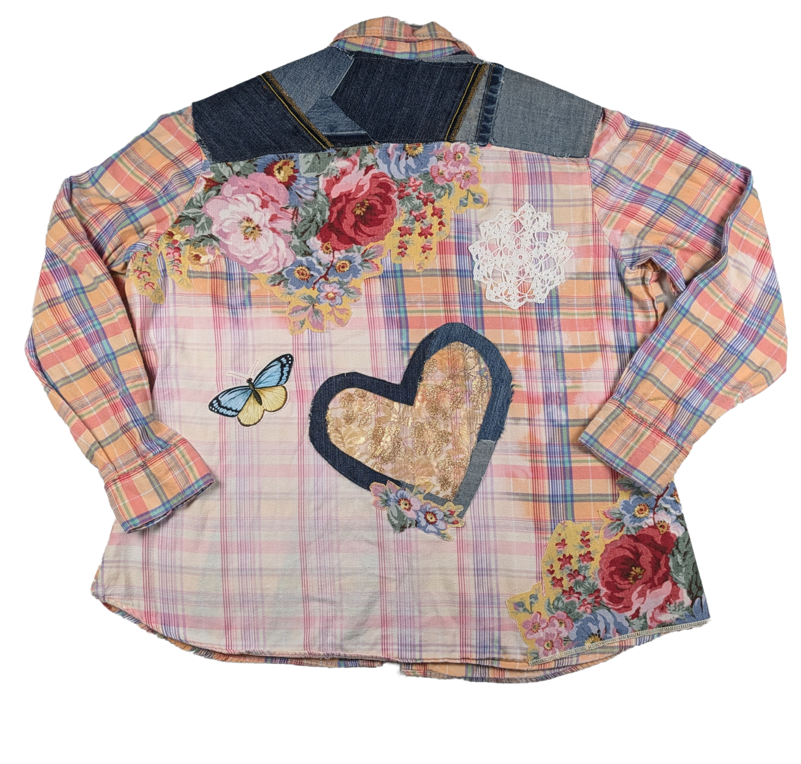 Refreshed - Upcycled Eddie Bauer Plaid Flannel Size XX Warm and comfy, this flannel is stylish, too!  Lovely floral embellishments and lace hearts adorn this shirt t