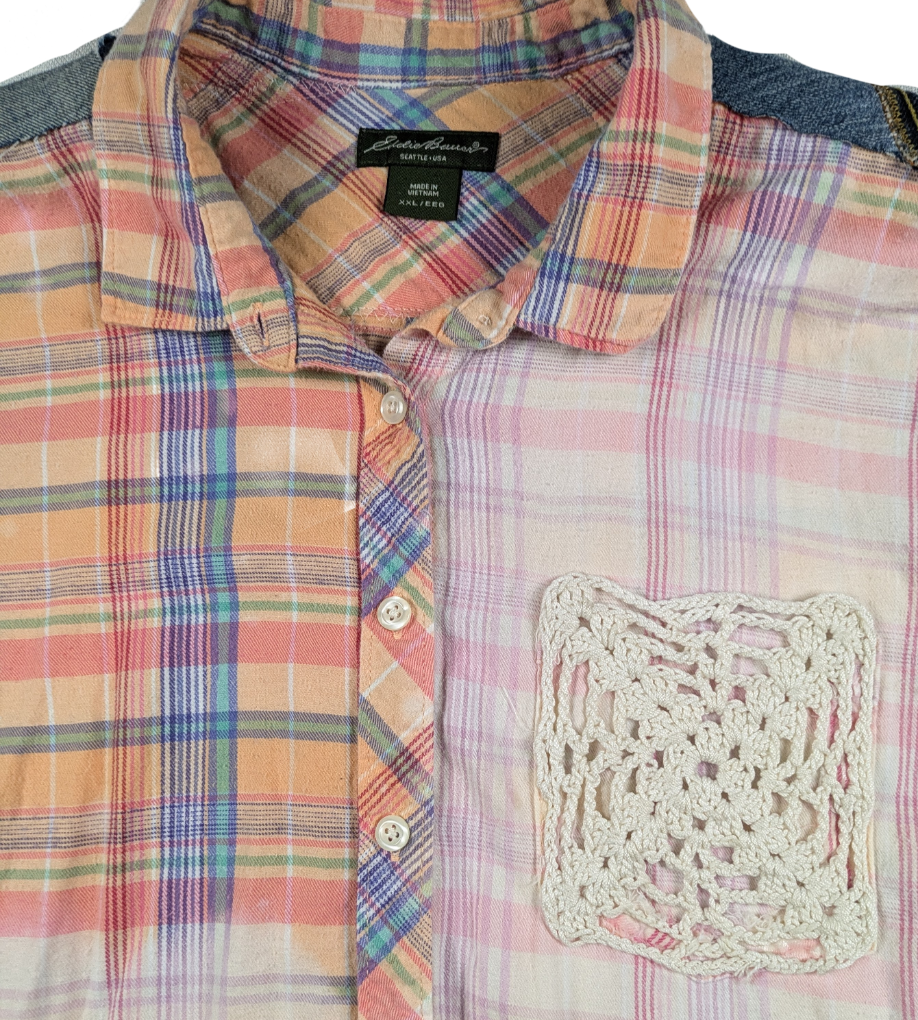 Refreshed - Upcycled Eddie Bauer Plaid Flannel Size XX Warm and comfy, this flannel is stylish, too!  Lovely floral embellishments and lace hearts adorn this shirt t