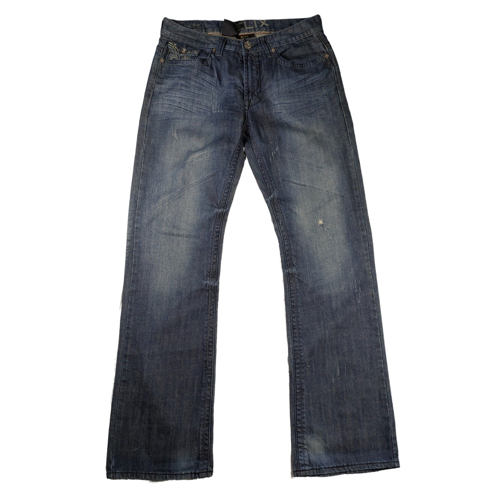 Helix Boot Cut Men's Jeans with Embroidered Pockets Size 34/34 Sustainable fashion isn't about compromise—it's about choosing pieces with soul. This pair carries his