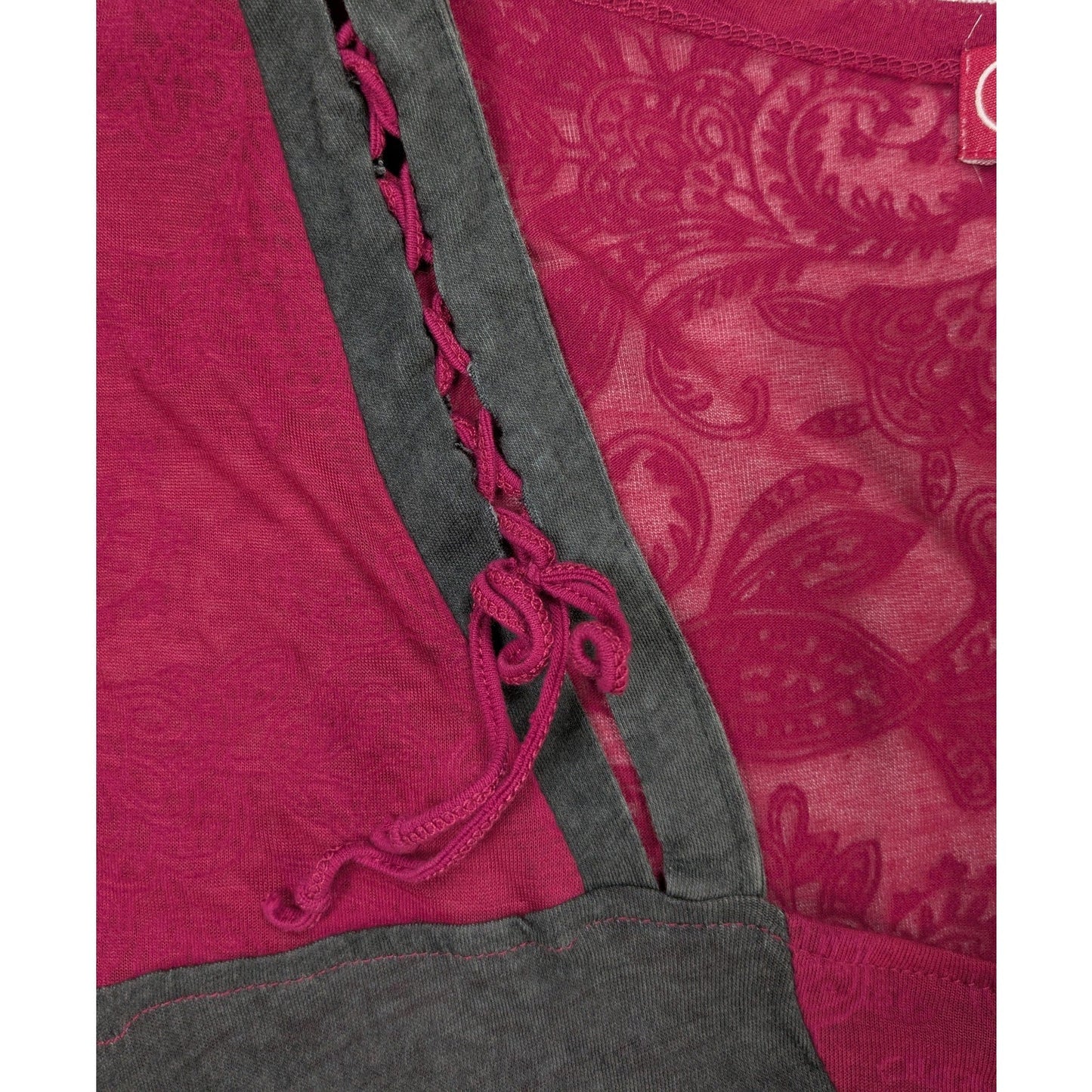 Coline Gray and Magenta Short Sleeve Dress with Lacing at Neck and BacStep out in style with this charming Coline dress, a lovely blend of comfort and chic design! t