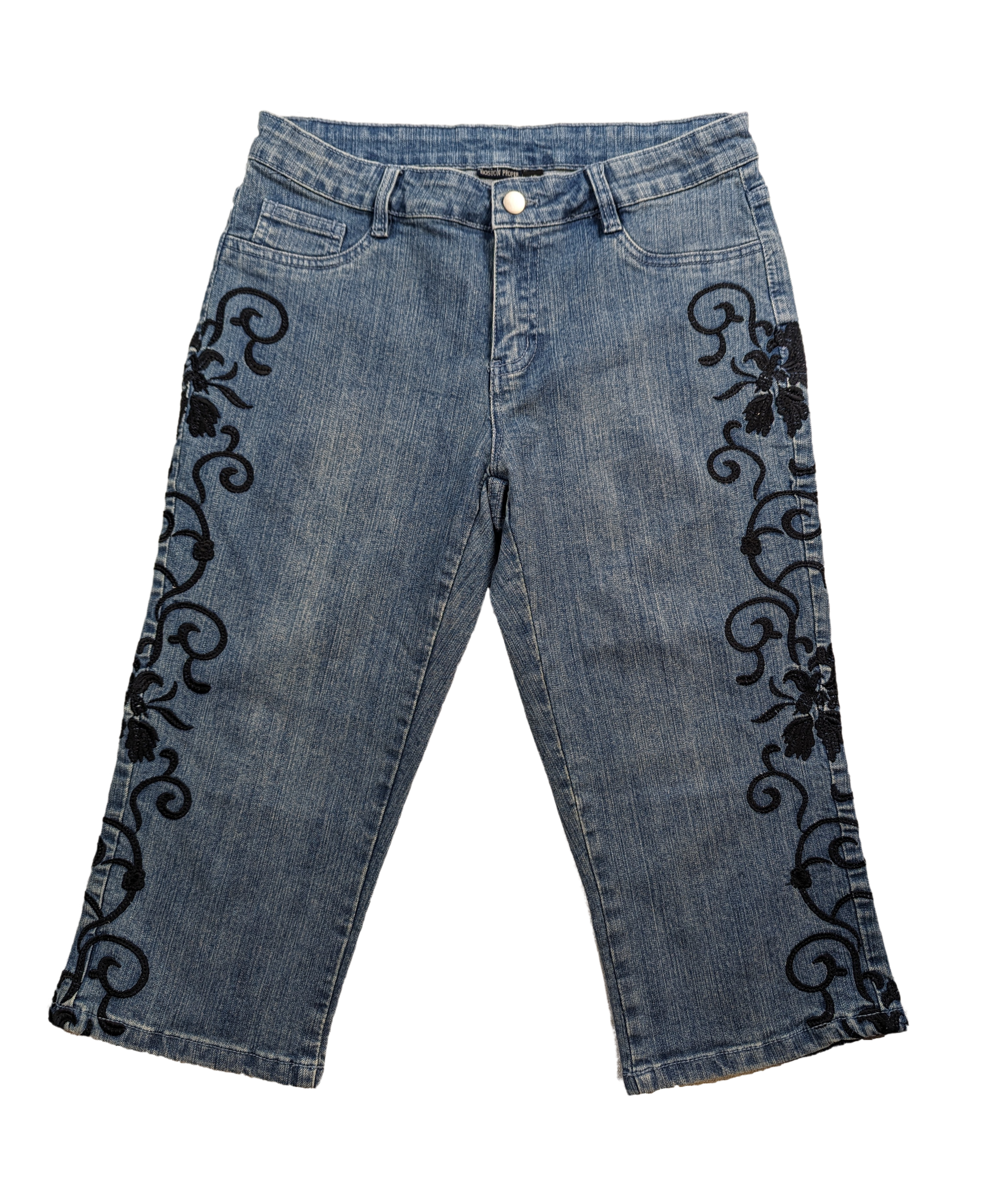 Boston Proper Cropped Embroidered Jeans Size 10 Add a touch of sophistication to your wardrobe with Boston Proper's Embroidered Jeans in a cropped style. The black e