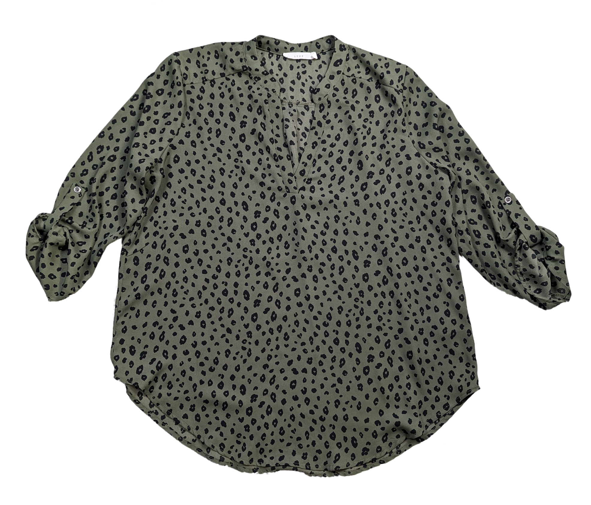 Lush Olive Green Dalmation Print Blouse Size Large Get ready to turn heads with this playful Lush Olive Green Dalmation Print Blouse in size Large! The unique Dalmat