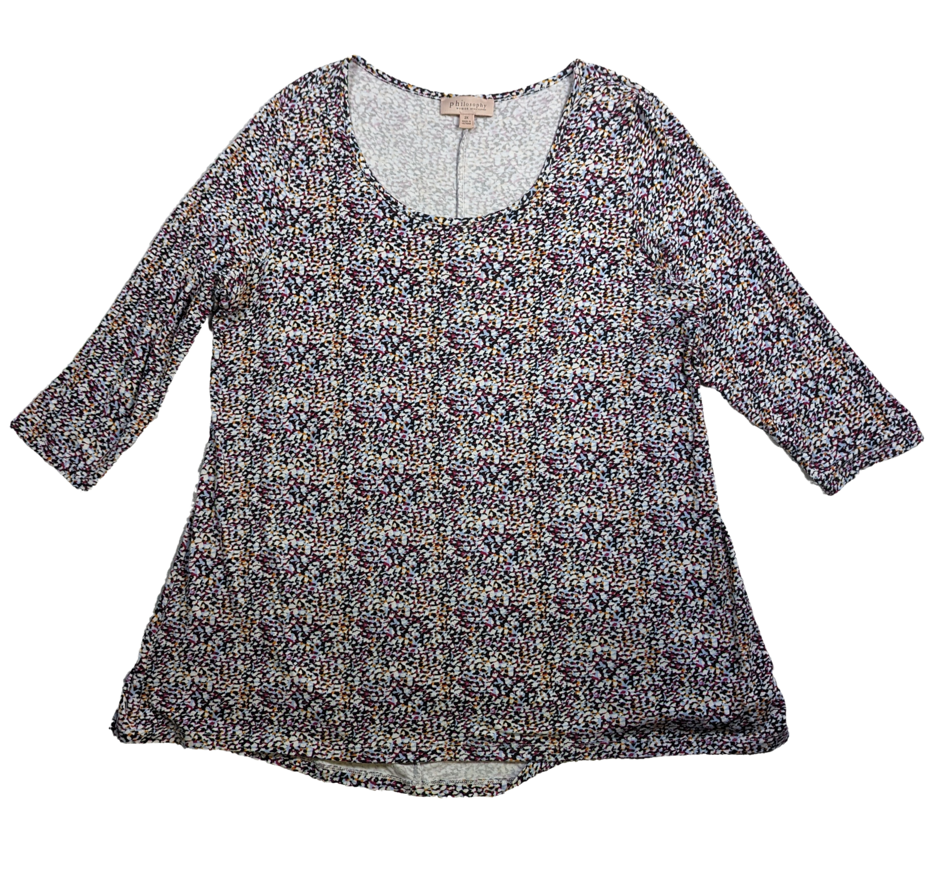 Philosophy Three-Quarter Sleeve Multi-colored Tunic Size 2X Unleash your inner philosopher with this whimsical tunic! The flowy silhouette and three-quarter sleeves 