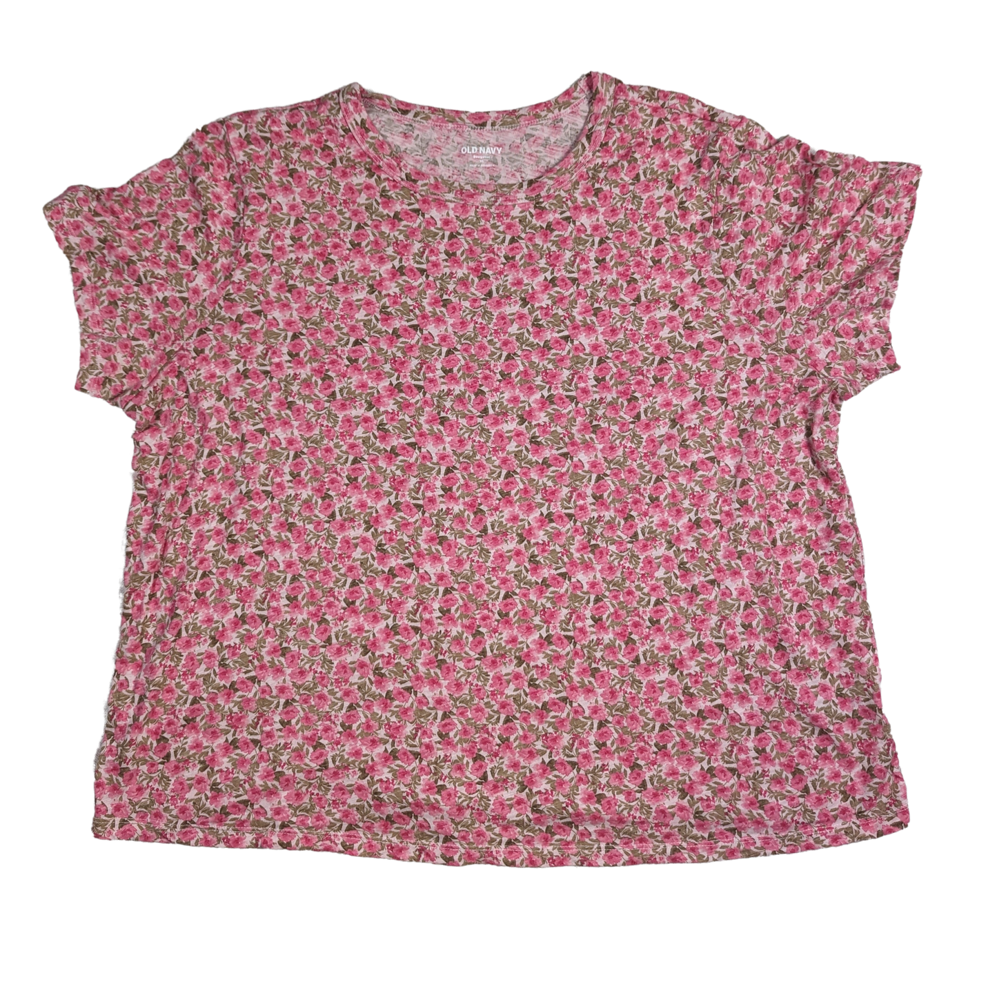 Old Navy Pink Floral T shirt Size XL Make a statement with this playful Old Navy T-shirt! Featuring a vibrant pink floral design, this cotton shirt is both stylish a