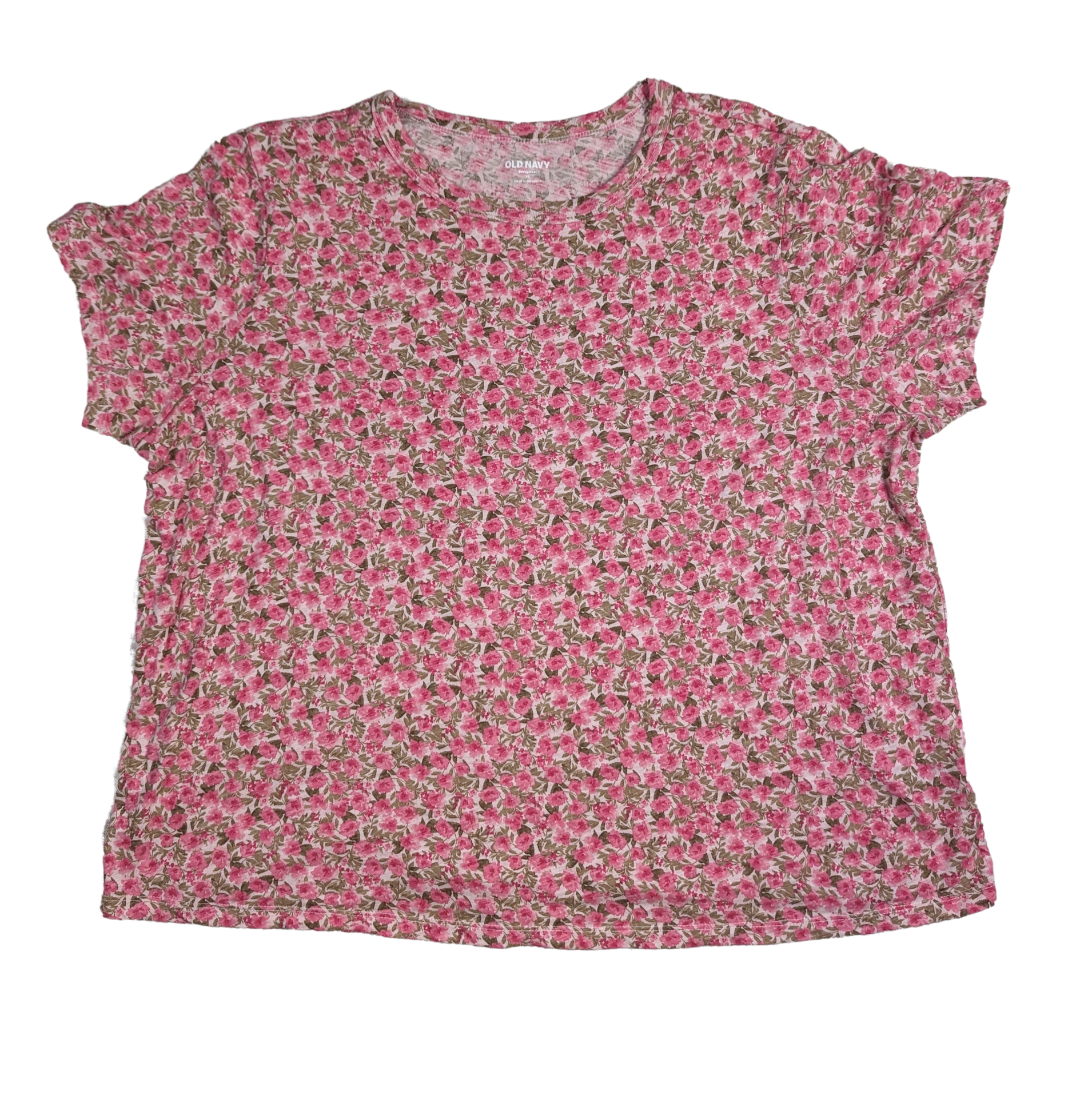 Old Navy Pink Floral T shirt Size XL Make a statement with this playful Old Navy T-shirt! Featuring a vibrant pink floral design, this cotton shirt is both stylish a