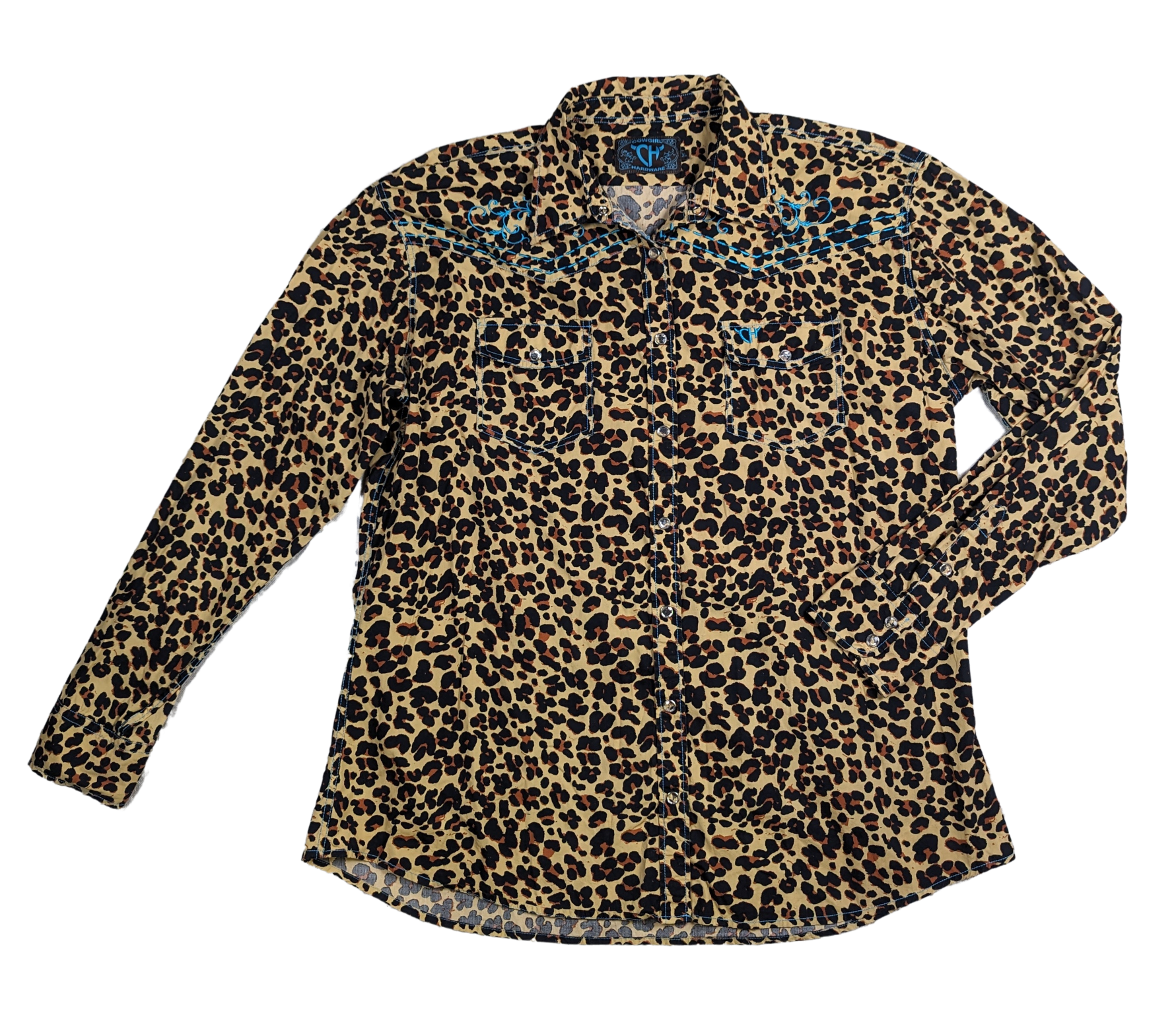 Cowgirl Hardware Leopard Print Long Sleeve Blouse size XL Unleash your wild side with this Cowgirl Hardware Leopard Print Blouse! The snap front and turquoise topsti