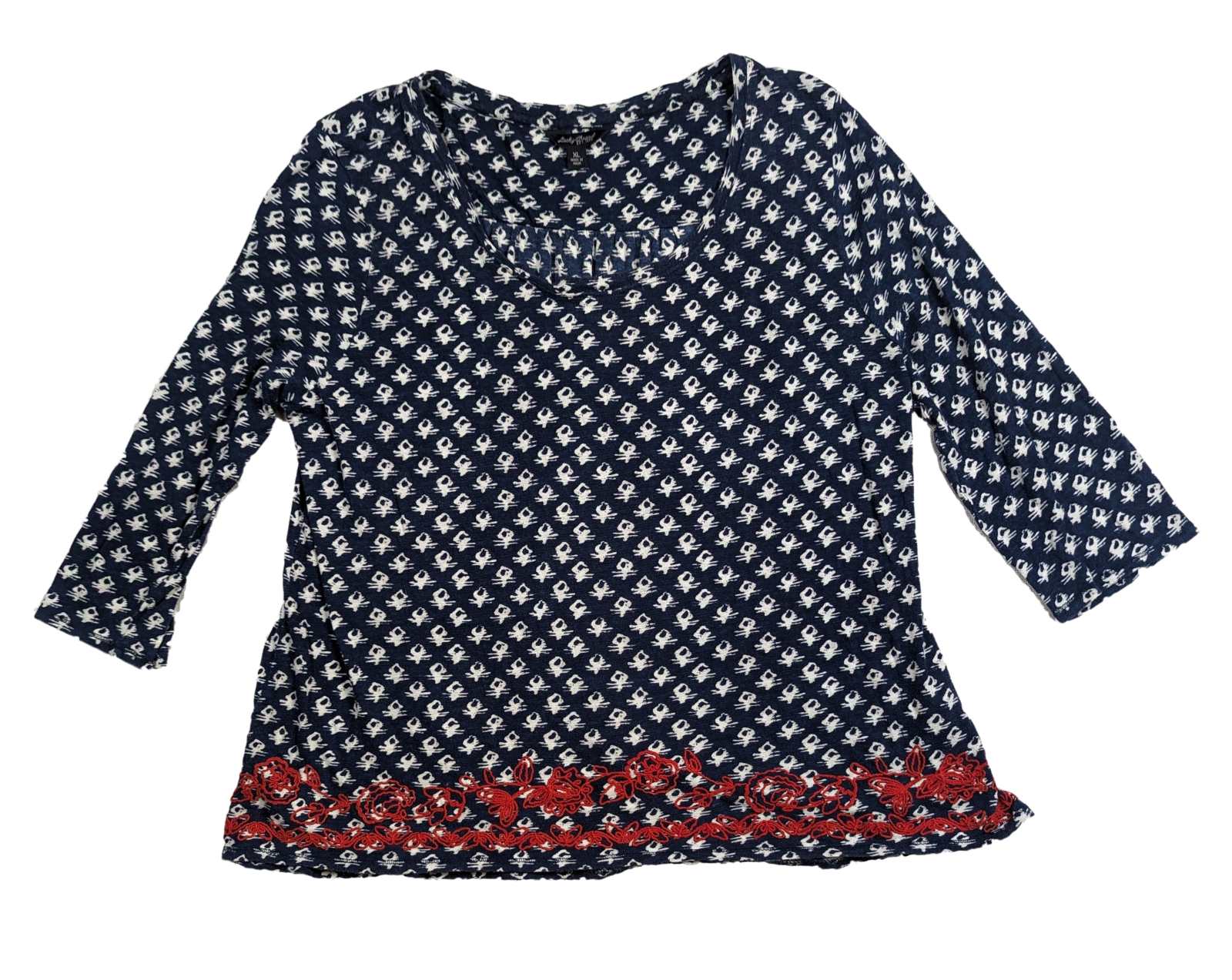 Lucky Brand Three Quarter Sleeve Top Size XL Add some luck to your wardrobe with this three quarter sleeve top from Lucky Brand. The lightweight fabric, blue with white print, and red embroidery around the bott