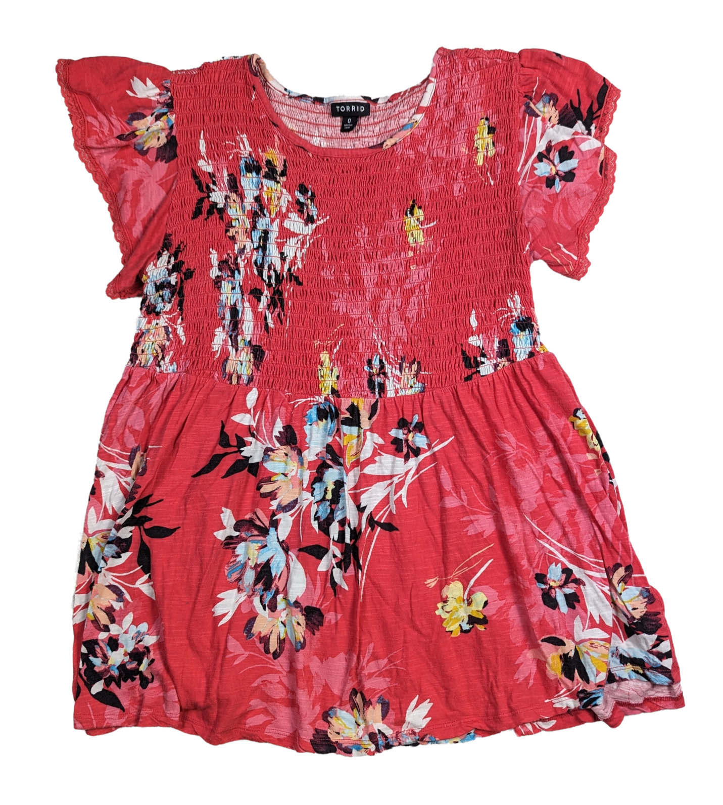 Torrid Red/Pink Floral Smocked Babydoll Top Size 0 Step into spring with this flirty red and pink floral top from Torrid. The smocked bodice and flutter sleeves add a touch of whimsy to this fun and feminine babydoll