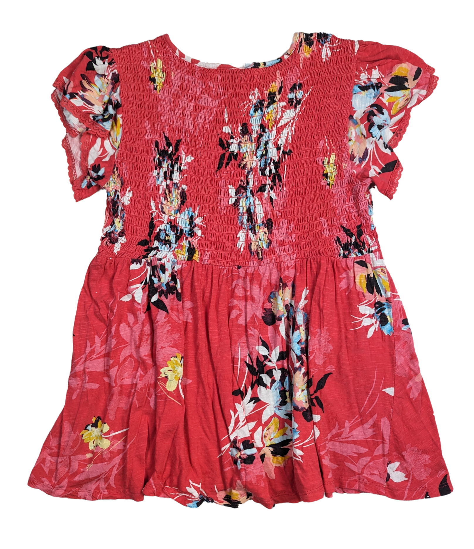 Torrid Red/Pink Floral Smocked Babydoll Top Size 0 Step into spring with this flirty red and pink floral top from Torrid. The smocked bodice and flutter sleeves add a touch of whimsy to this fun and feminine babydoll