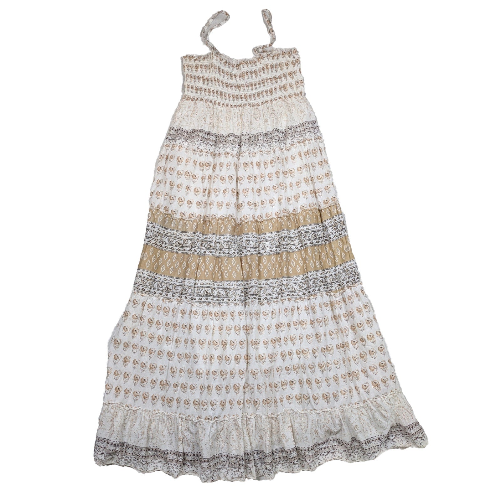 Cache Smocked Tiered White, Tan and Gold Sundress Size Large