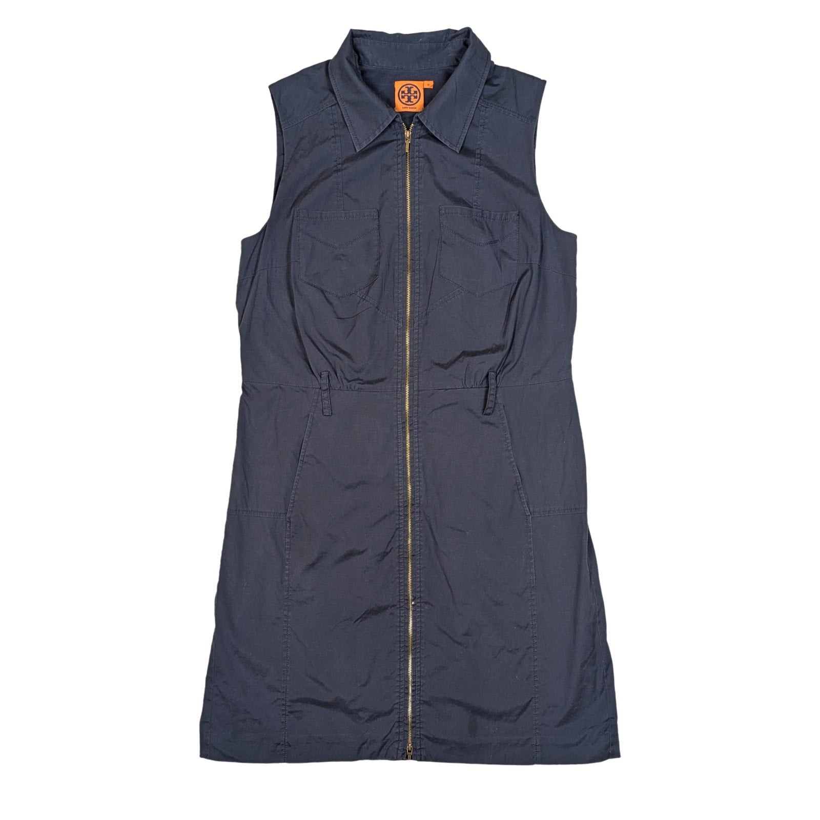 Tory Burch Zip-Front Navy Sleeveless Shirt Dress Size 10