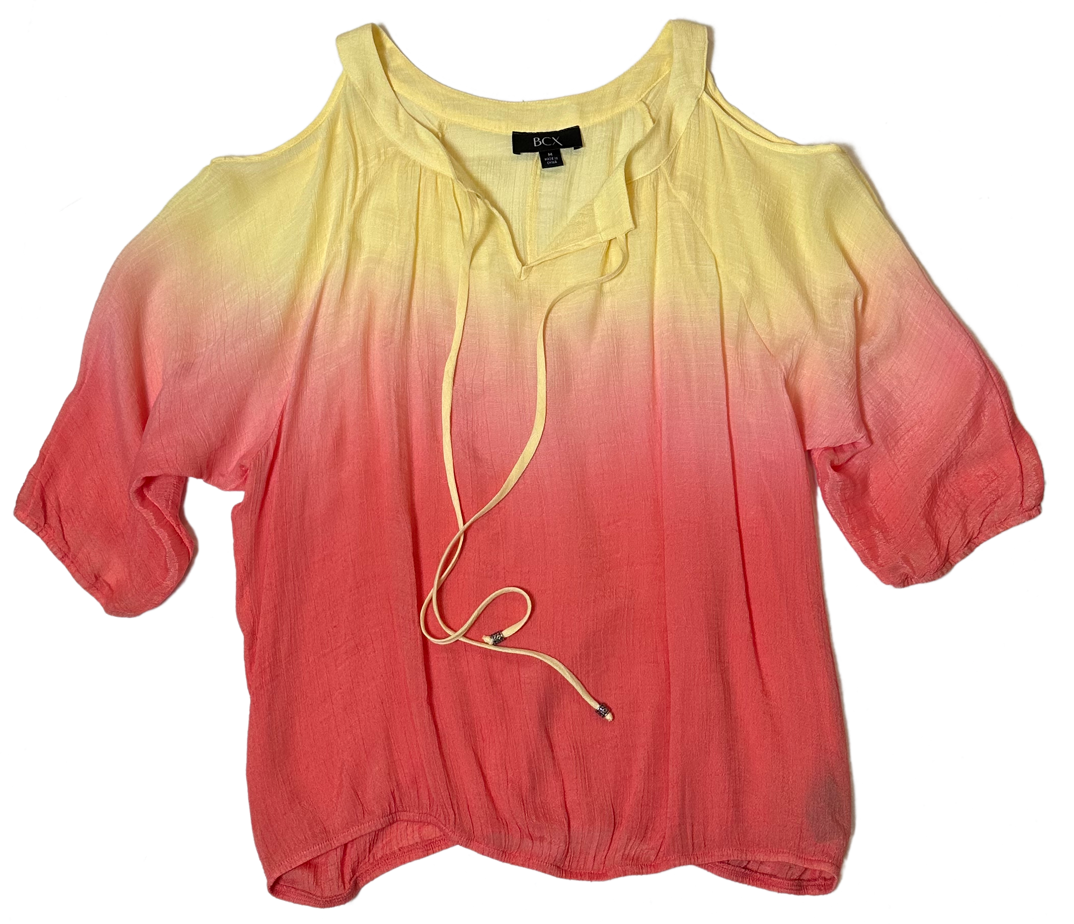 BCXThis BCX blouse gives you a colorful take on the peasant-style. The stylish ombre in pink and yellow will draw all the attention, while the elastic hem and metal-detShirts & TopsBCX Ombre Cold Shoulder Peasant BlouseBCX Ombre Cold Shoulder Peasant Blouse