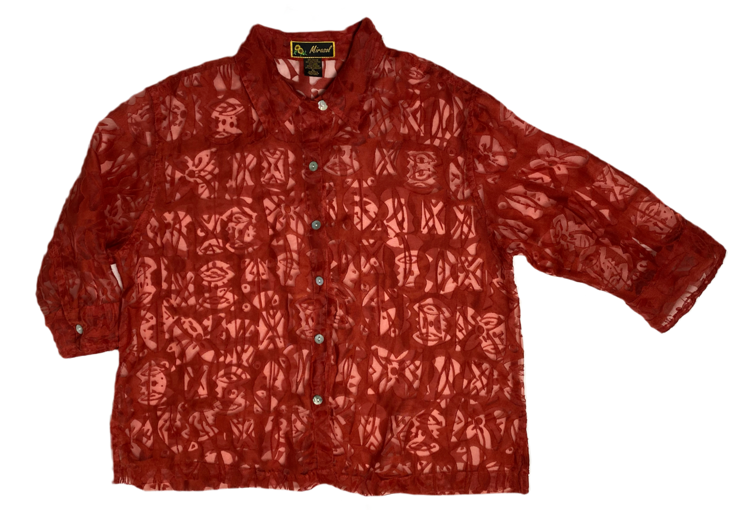 Mirasol 3/4 Sleeve Burn Out Blouse Size XL Make a statement with this vibrant red Mirasol blouse, designed to let your personality shine through. The burnout fabric