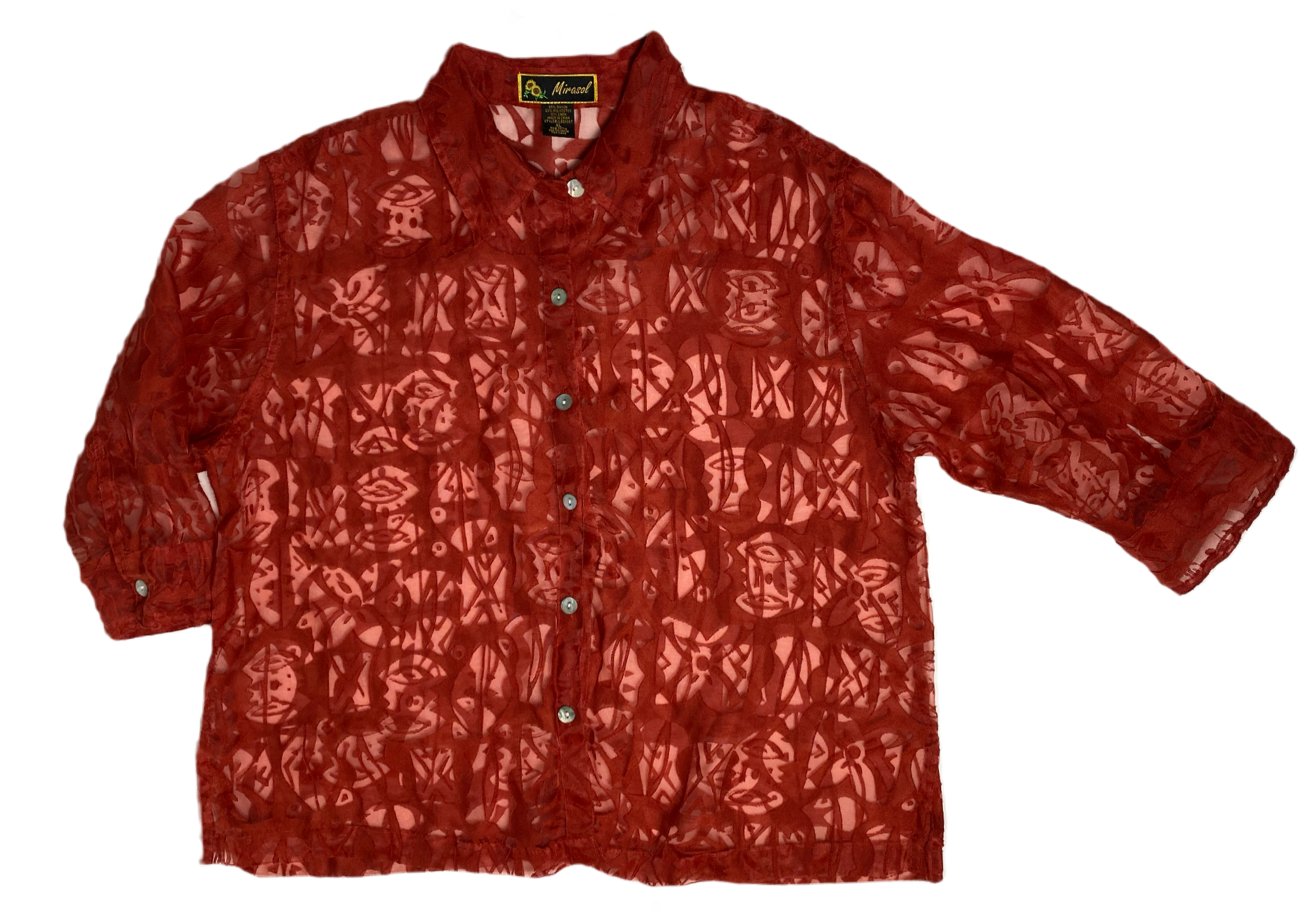 Mirasol 3/4 Sleeve Burn Out Blouse Size XL Make a statement with this vibrant red Mirasol blouse, designed to let your personality shine through. The burnout fabric