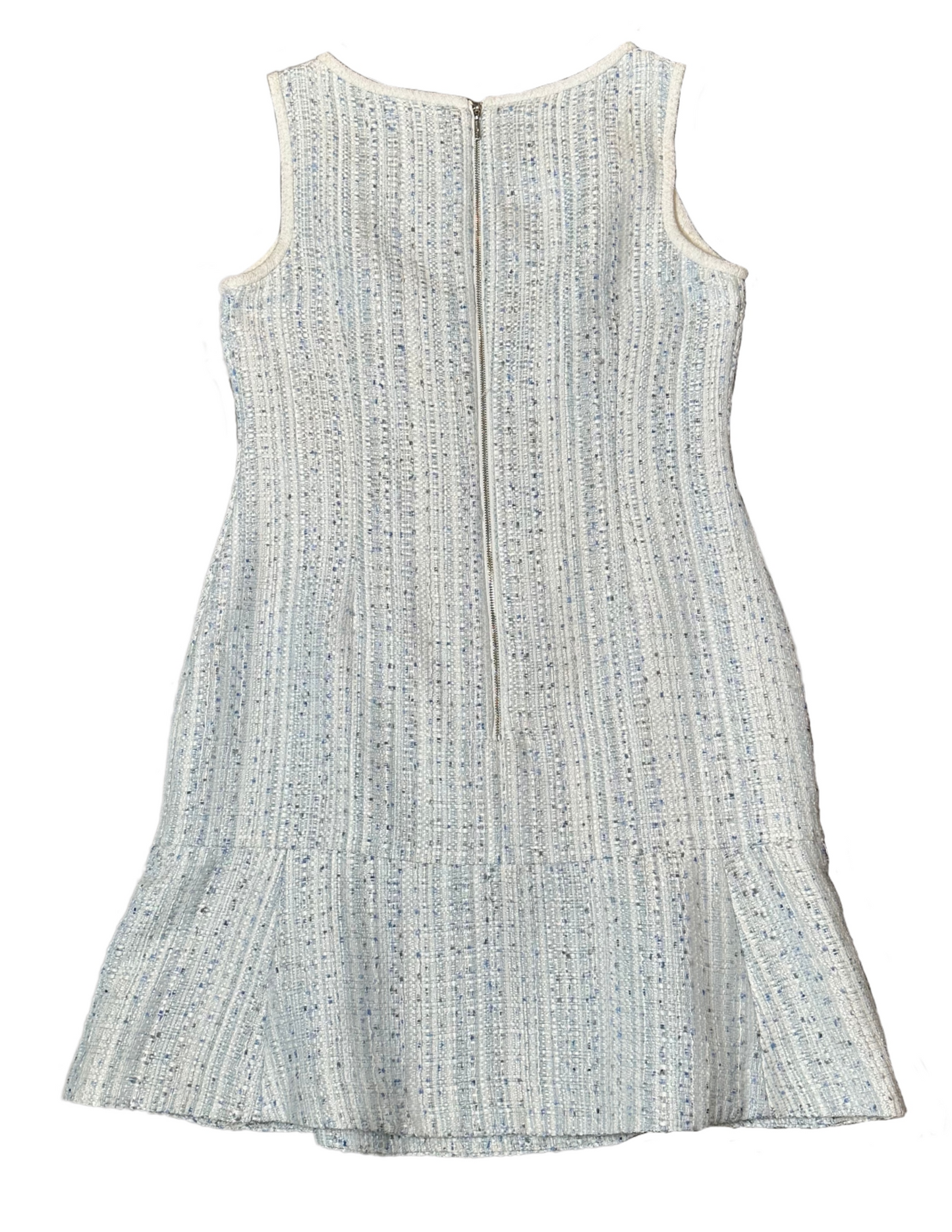 Karl Lagerfeld Paris Jacquard Metallic Light Blue Tweed Sleeveless Dre This Karl Lagerfeld Paris dress is an elegant addition to any wardrobe. The criss cross waist 